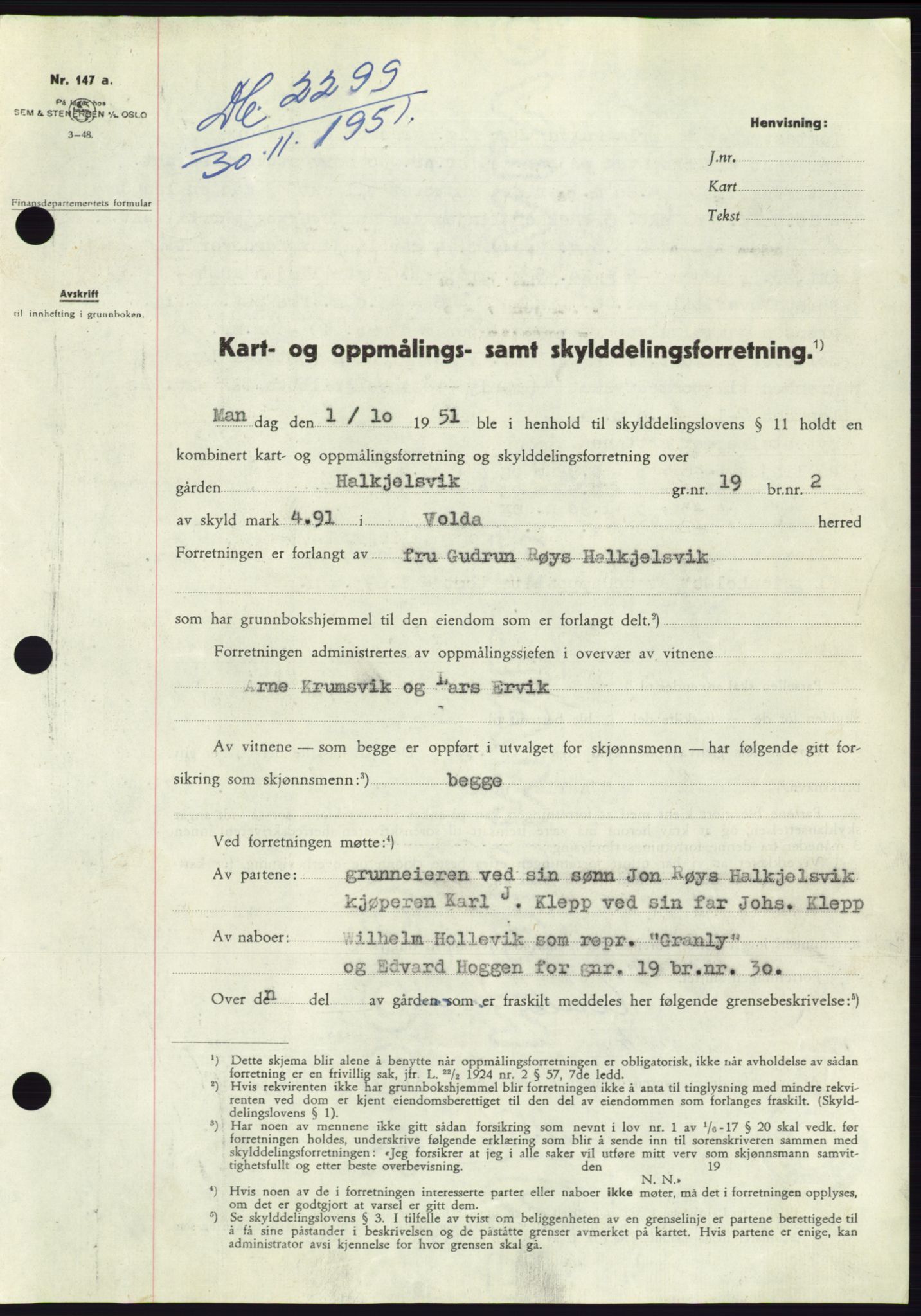 Søre Sunnmøre sorenskriveri, AV/SAT-A-4122/1/2/2C/L0090: Pantebok nr. 16A, 1951-1951, Dagboknr: 2299/1951