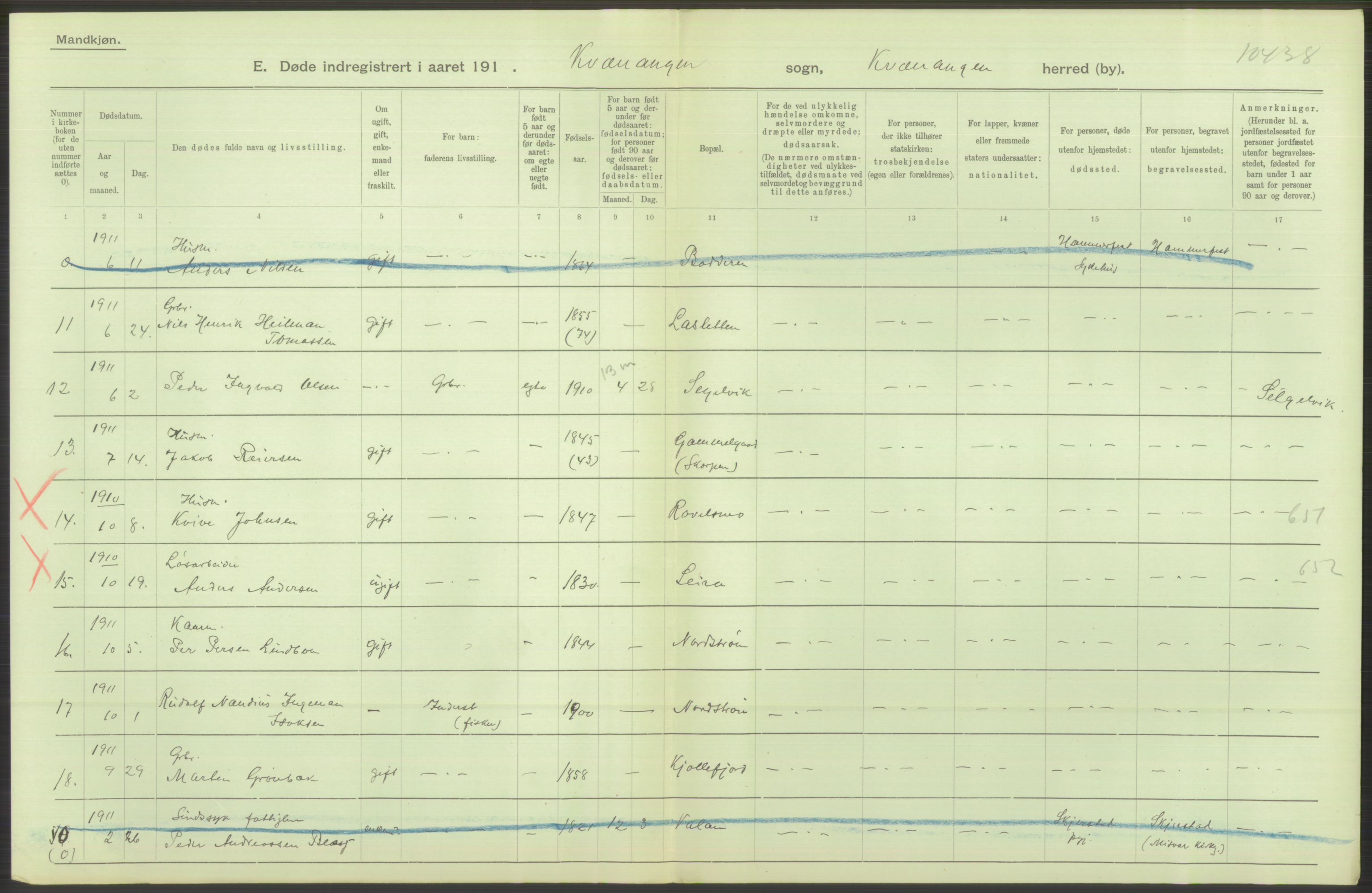 Statistisk sentralbyrå, Sosiodemografiske emner, Befolkning, AV/RA-S-2228/D/Df/Dfb/Dfba/L0048: Tromsø amt:  Gifte, døde, dødfødte. Bygder og byer., 1911, s. 258
