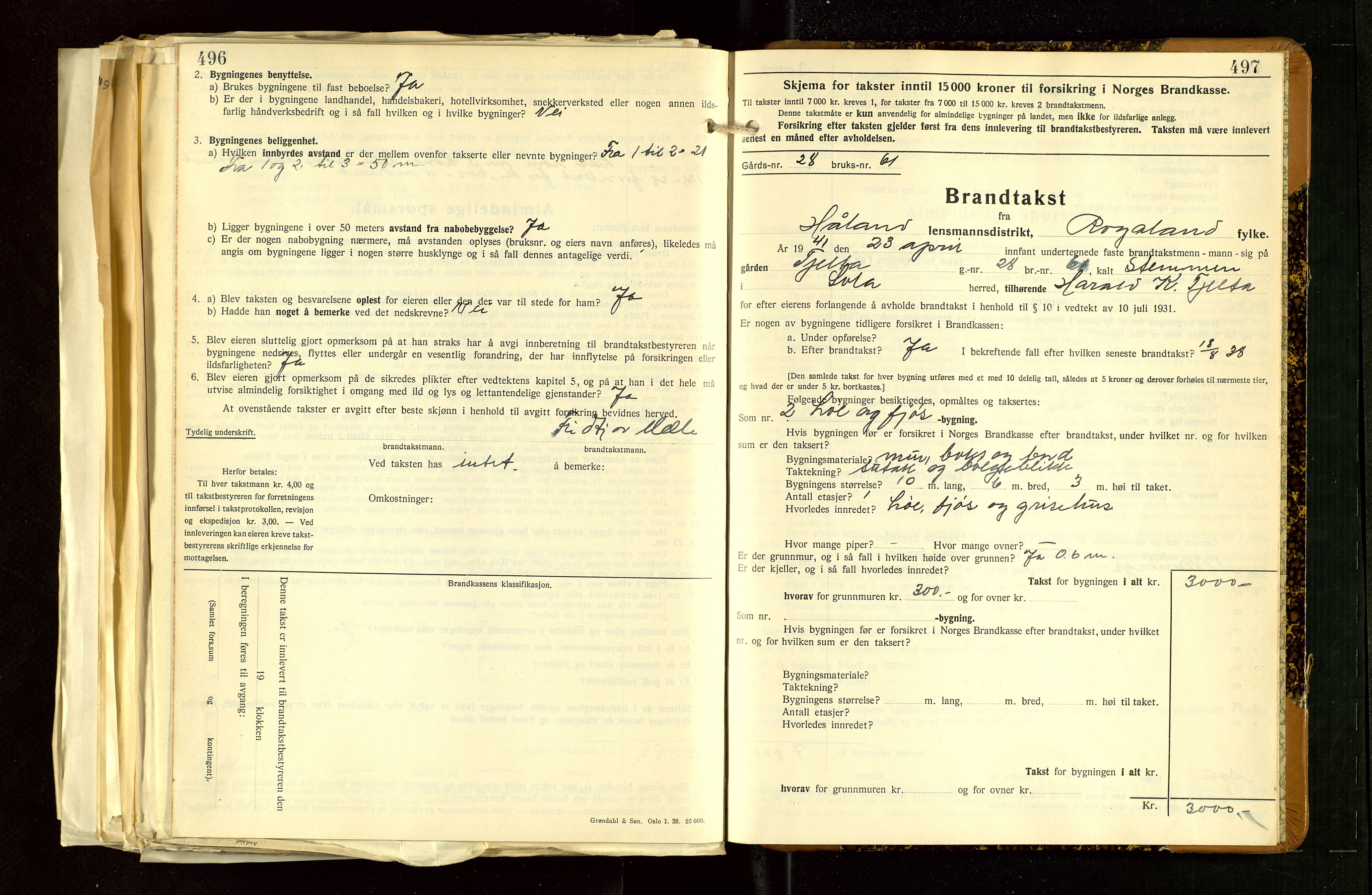 Håland lensmannskontor, AV/SAST-A-100100/Gob/L0012: "Brandtakstprotokoll" - skjematakst. Register i boken., 1938-1941, s. 496-497