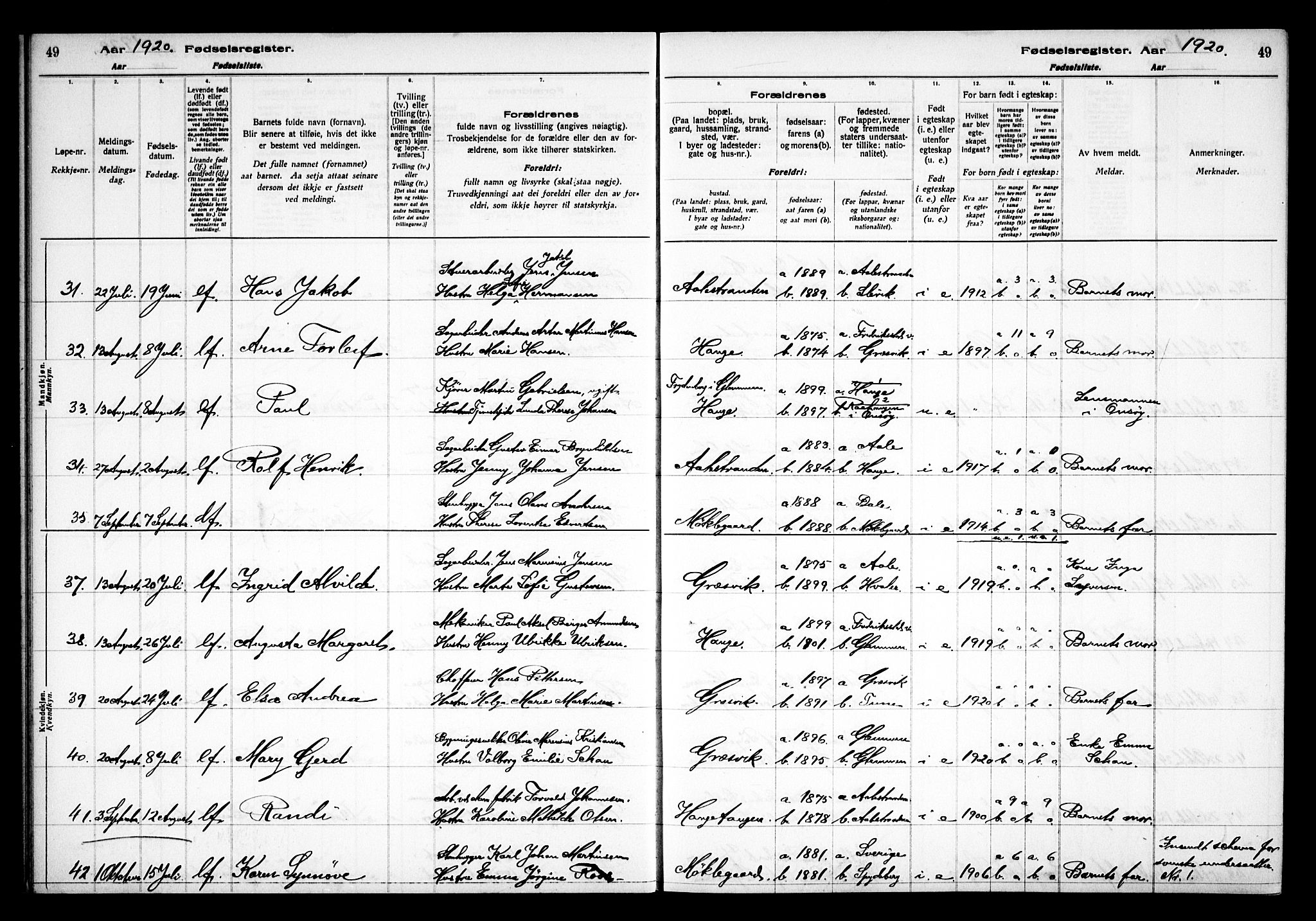 Onsøy prestekontor Kirkebøker, AV/SAO-A-10914/J/Jb/L0001: Fødselsregister nr. II 1, 1916-1938, s. 49