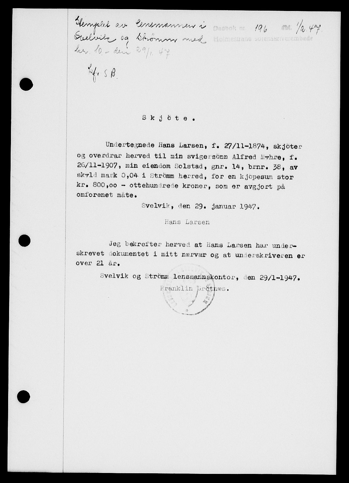Holmestrand sorenskriveri, SAKO/A-67/G/Ga/Gaa/L0061: Pantebok nr. A-61, 1946-1947, Dagboknr: 196/1947