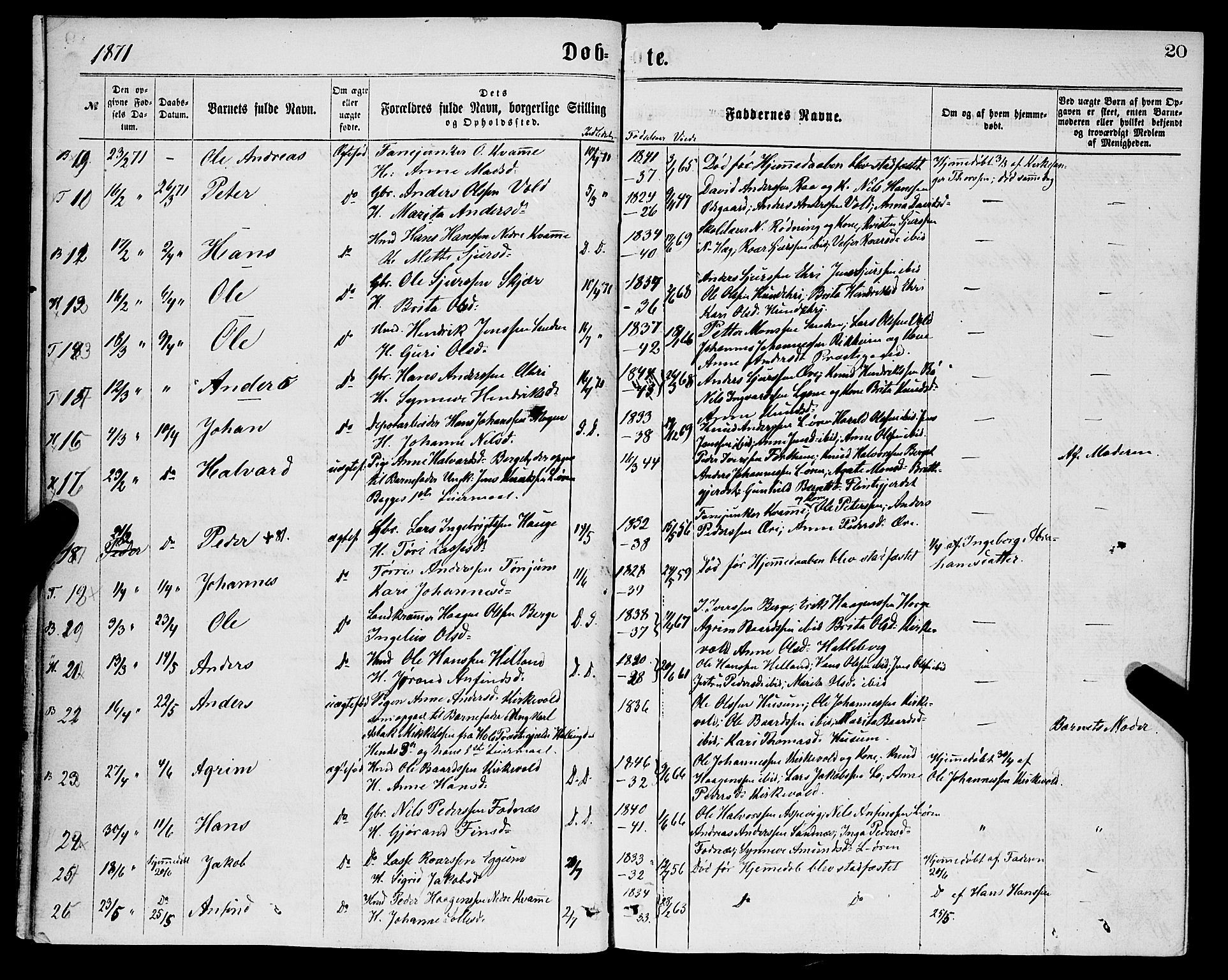 Lærdal sokneprestembete, AV/SAB-A-81201: Ministerialbok nr. A 12, 1867-1877, s. 20
