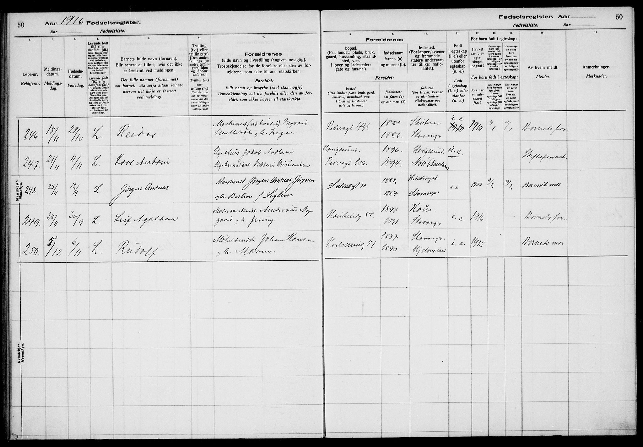 St. Johannes sokneprestkontor, AV/SAST-A-101814/002/A/L0001: Fødselsregister nr. 1, 1916-1919, s. 50