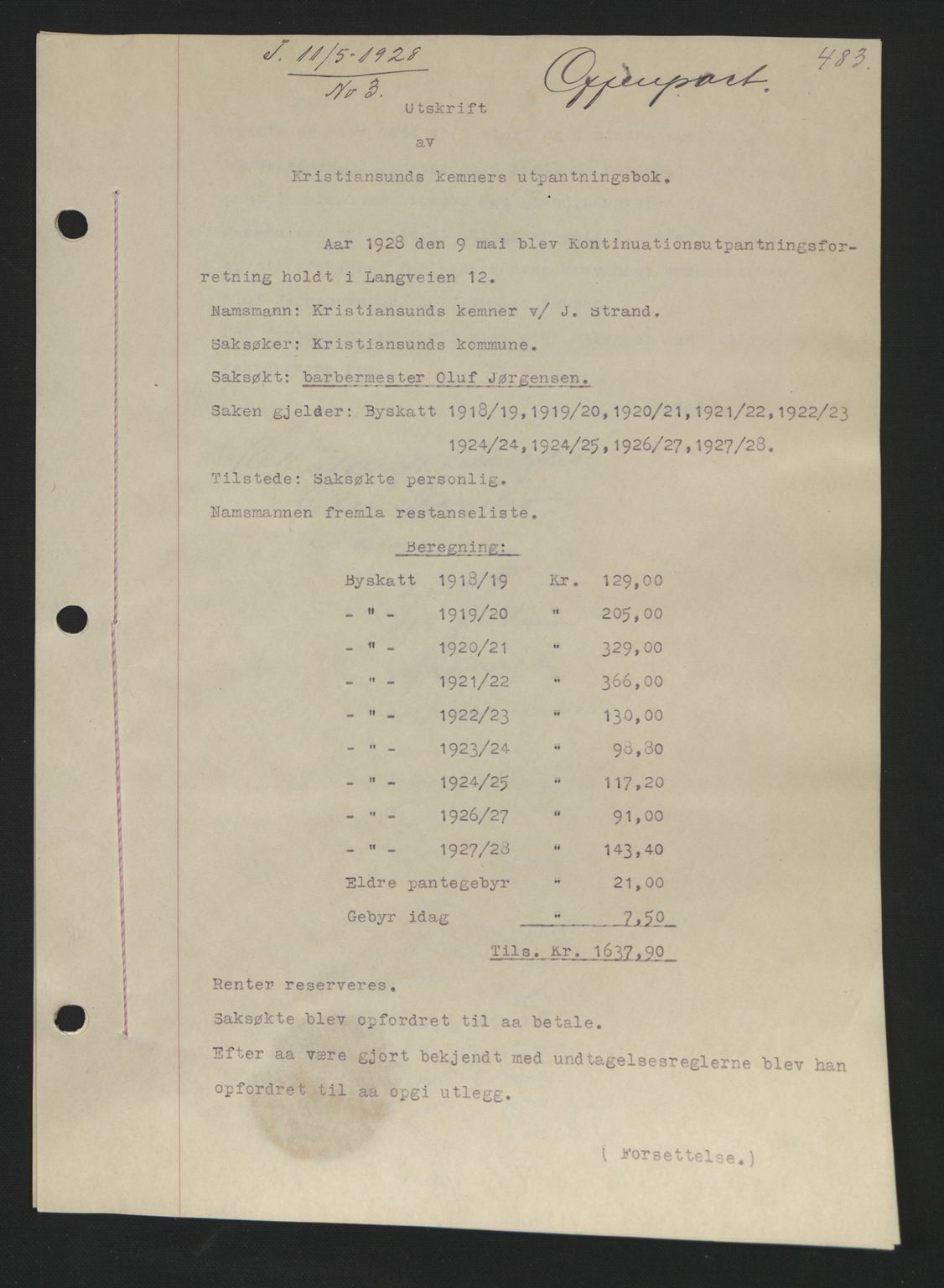 Kristiansund byfogd, AV/SAT-A-4587/A/27: Pantebok nr. 21, 1926-1928, Tingl.dato: 11.05.1928