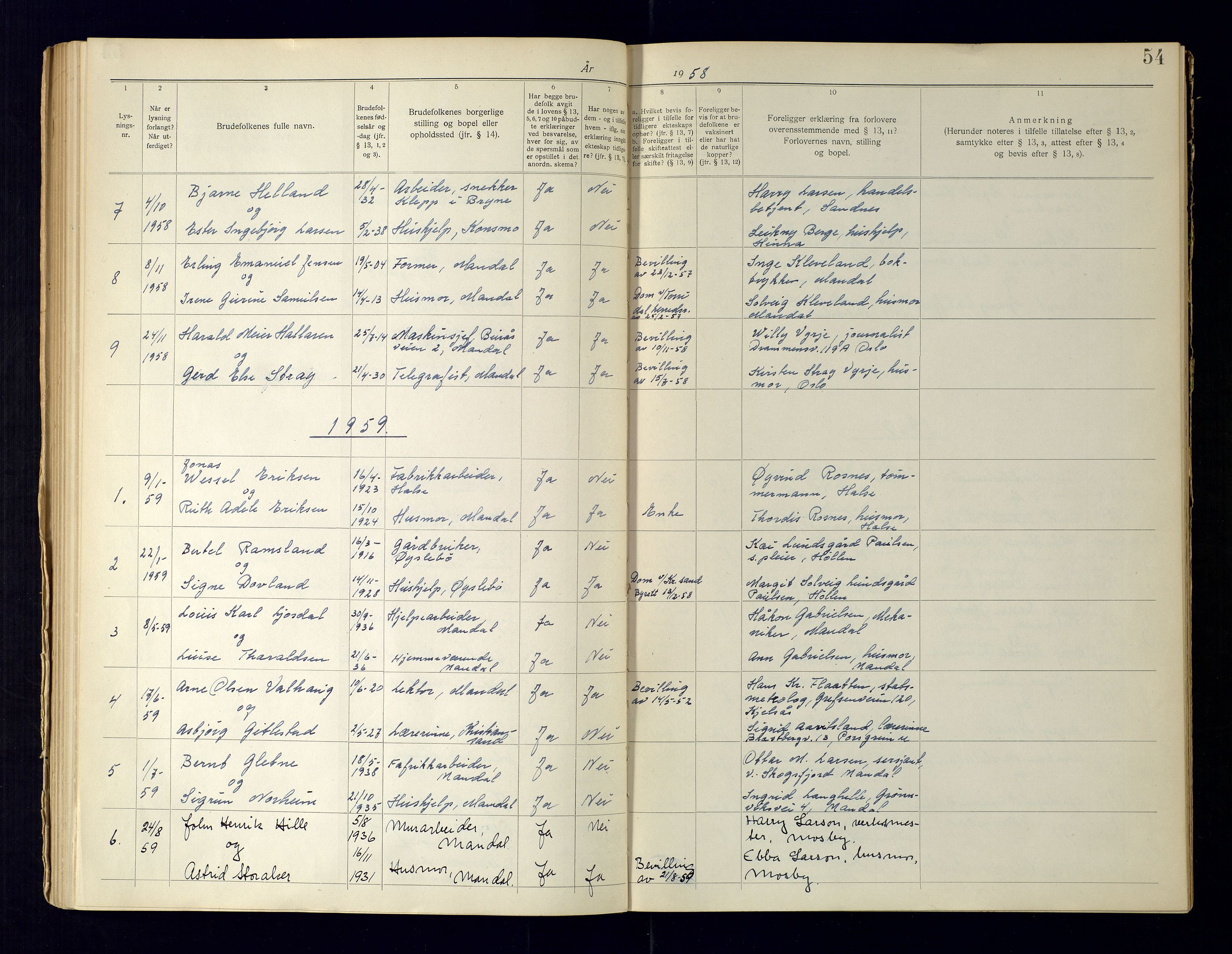 Mandal sorenskriveri, AV/SAK-1221-0005/002/L/L0275/0001: Lysingsbok Vigselbøker / Lysingsbok, 1919-1969, s. 54