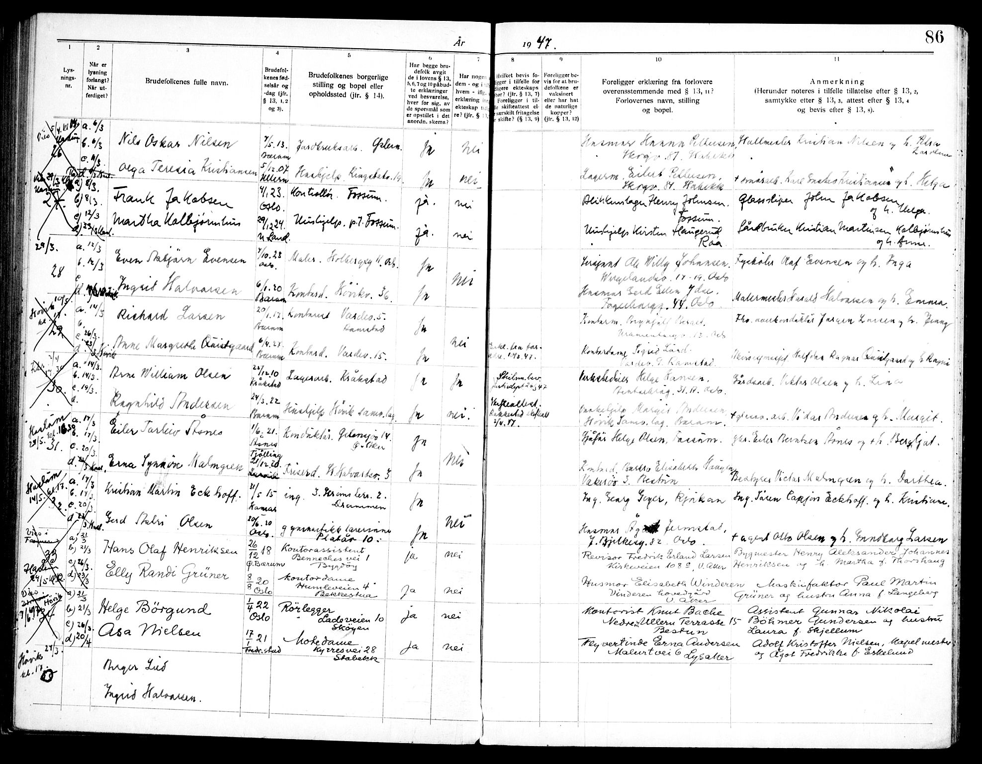 Østre Bærum prestekontor Kirkebøker, AV/SAO-A-10887/H/Ha/L0003: Lysningsprotokoll nr. 3, 1940-1947, s. 86