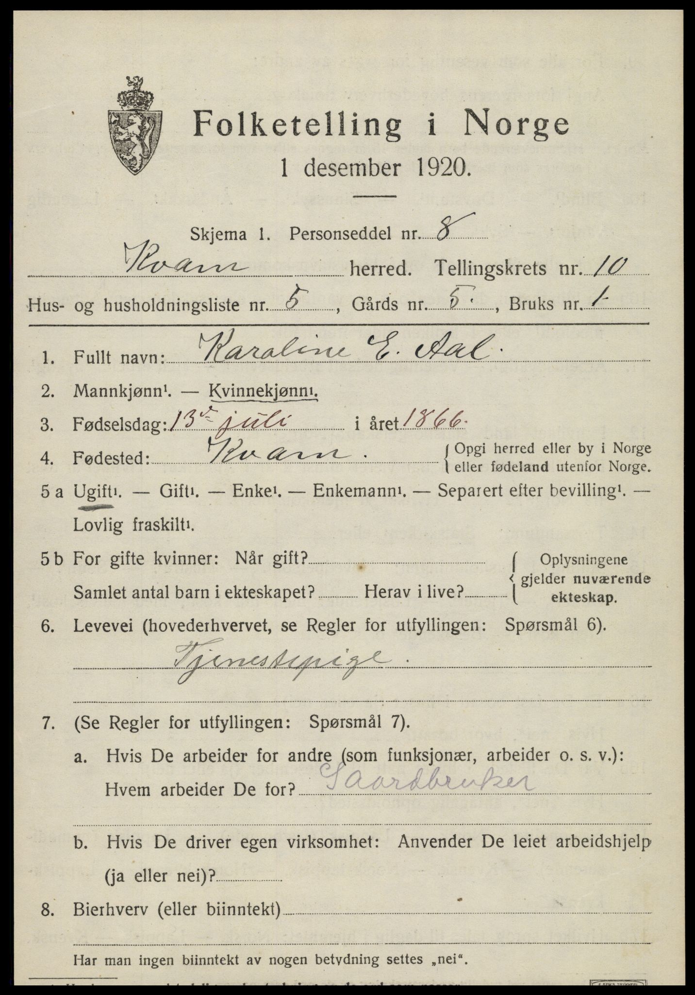 SAT, Folketelling 1920 for 1735 Kvam herred, 1920, s. 2561