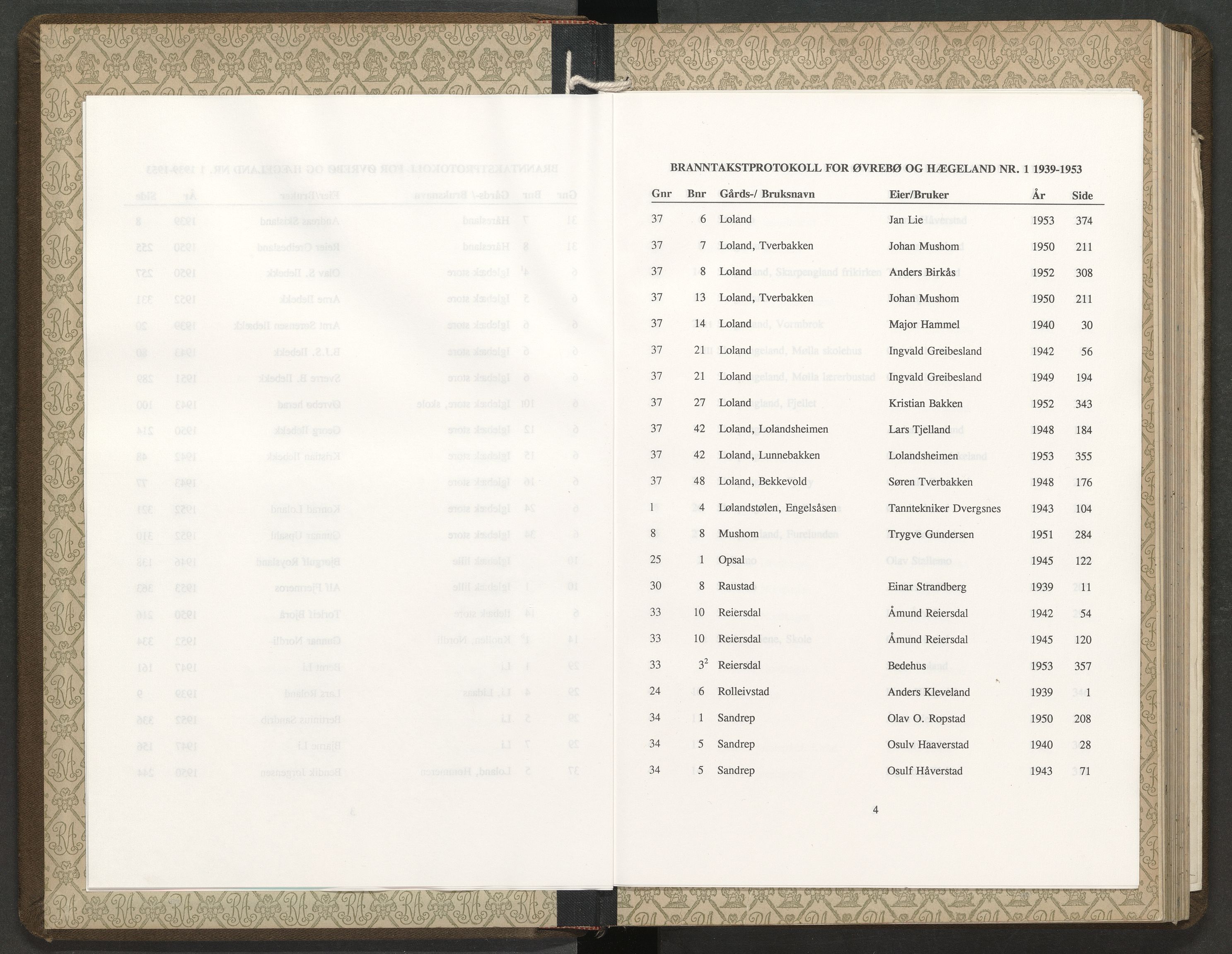 Norges Brannkasse Øvrebø og Hægeland, AV/SAK-2241-0058/F/Fa/L0001: Branntakstprotokoll nr. 1 med gårdsnavnregister, 1939-1953