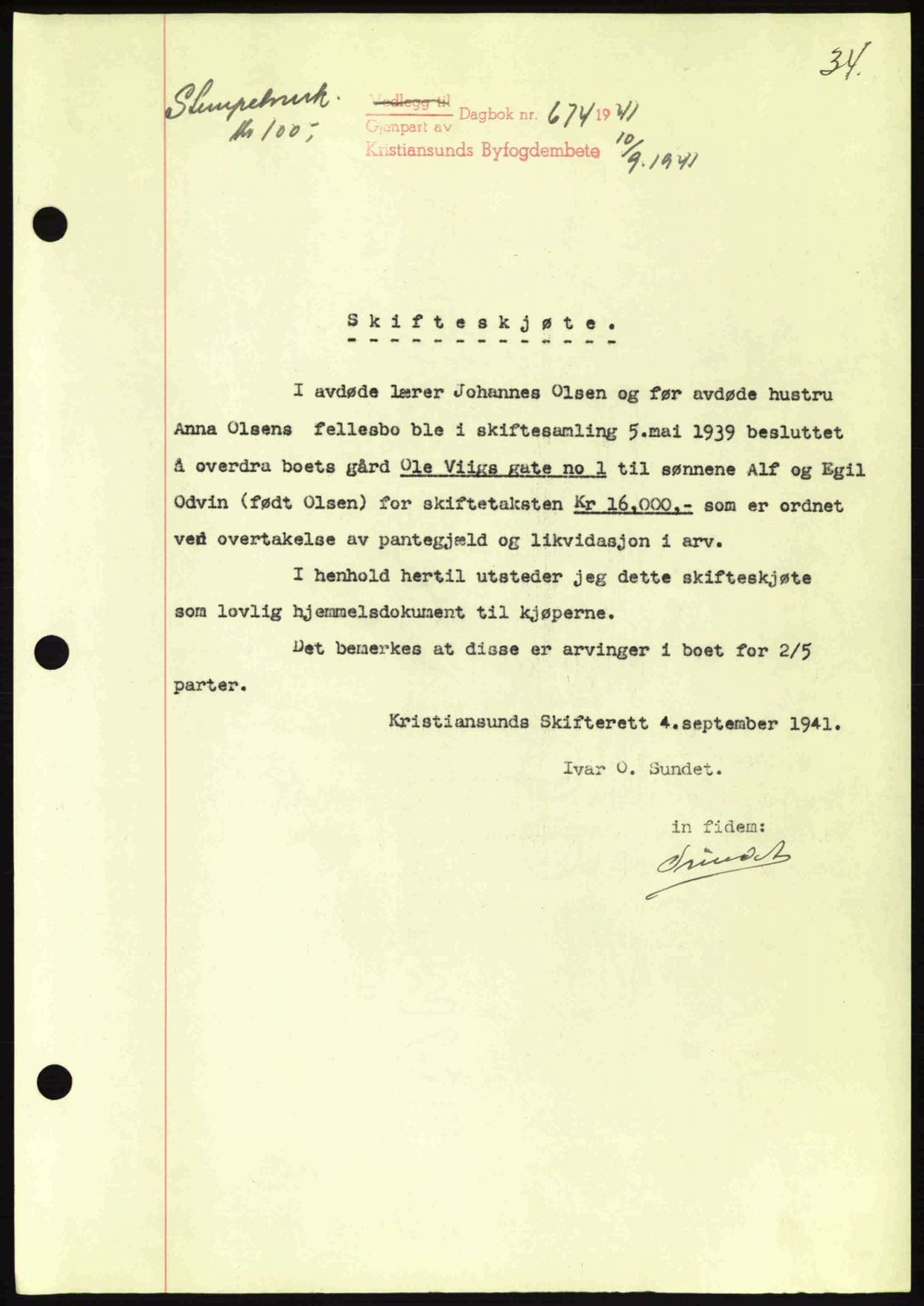 Kristiansund byfogd, AV/SAT-A-4587/A/27: Pantebok nr. 34, 1941-1945, Dagboknr: 674/1941
