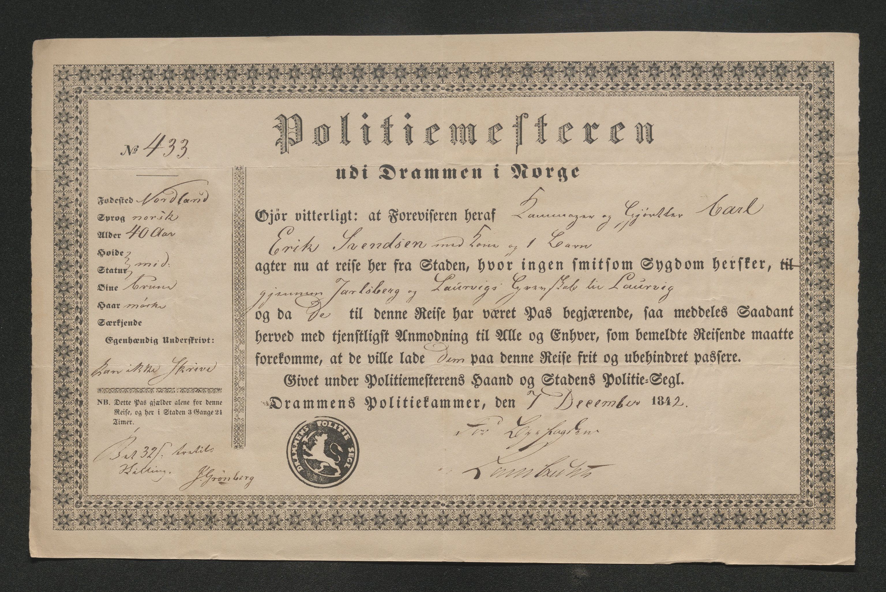 Drammen politikammer, AV/SAKO-A-623/I/Ia/Iab/L0007: Innleverte pass, 1843-1844, s. 109
