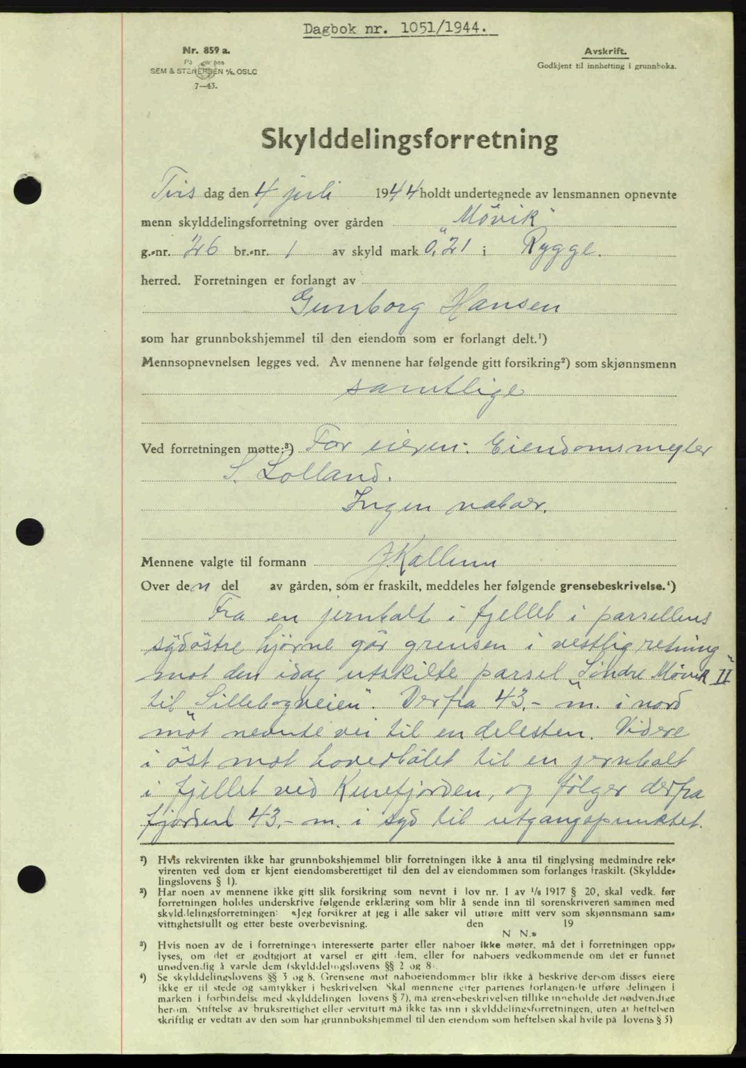 Moss sorenskriveri, SAO/A-10168: Pantebok nr. A12, 1943-1944, Dagboknr: 1051/1944