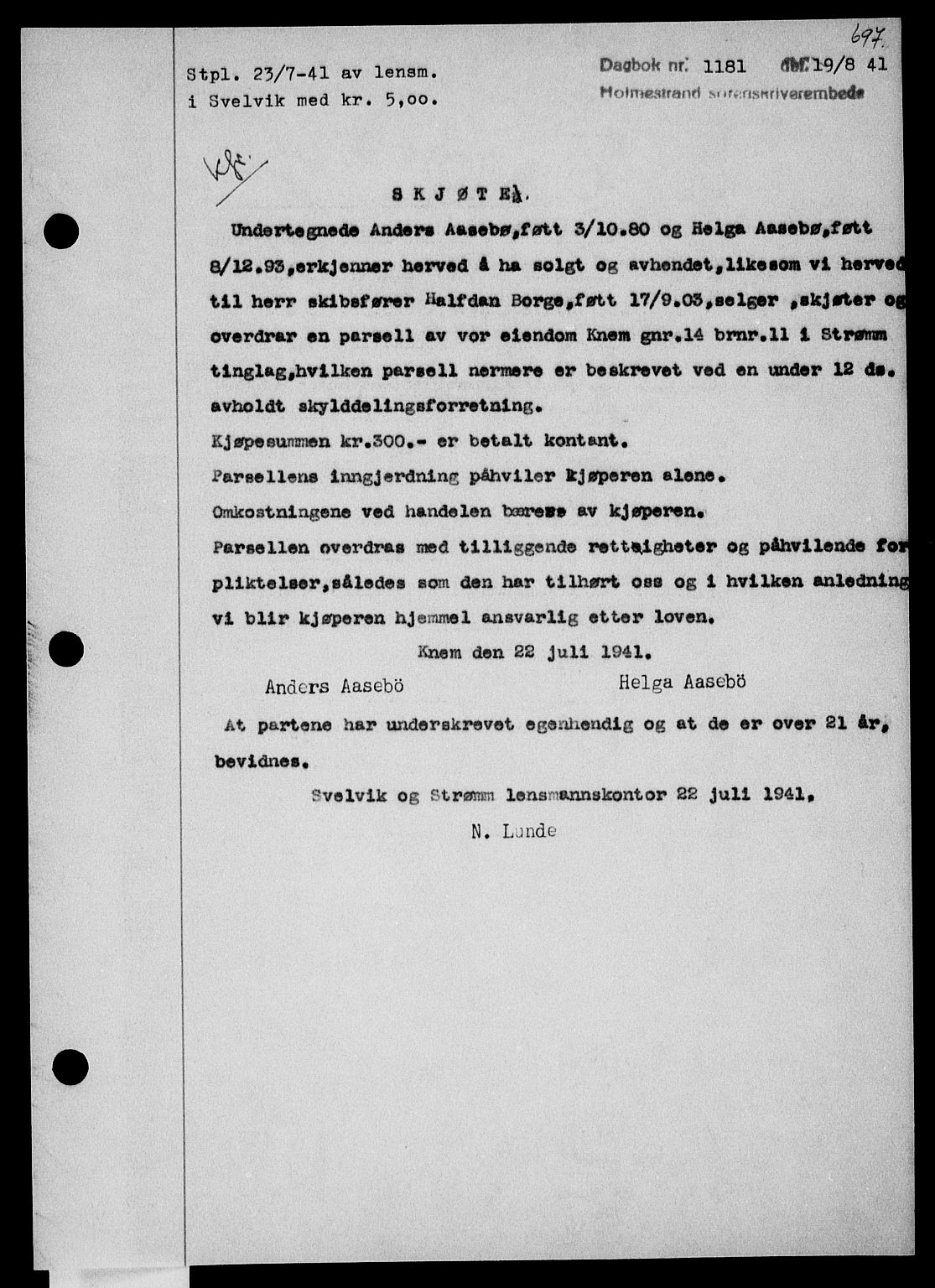 Holmestrand sorenskriveri, SAKO/A-67/G/Ga/Gaa/L0053: Pantebok nr. A-53, 1941-1941, Dagboknr: 1181/1941