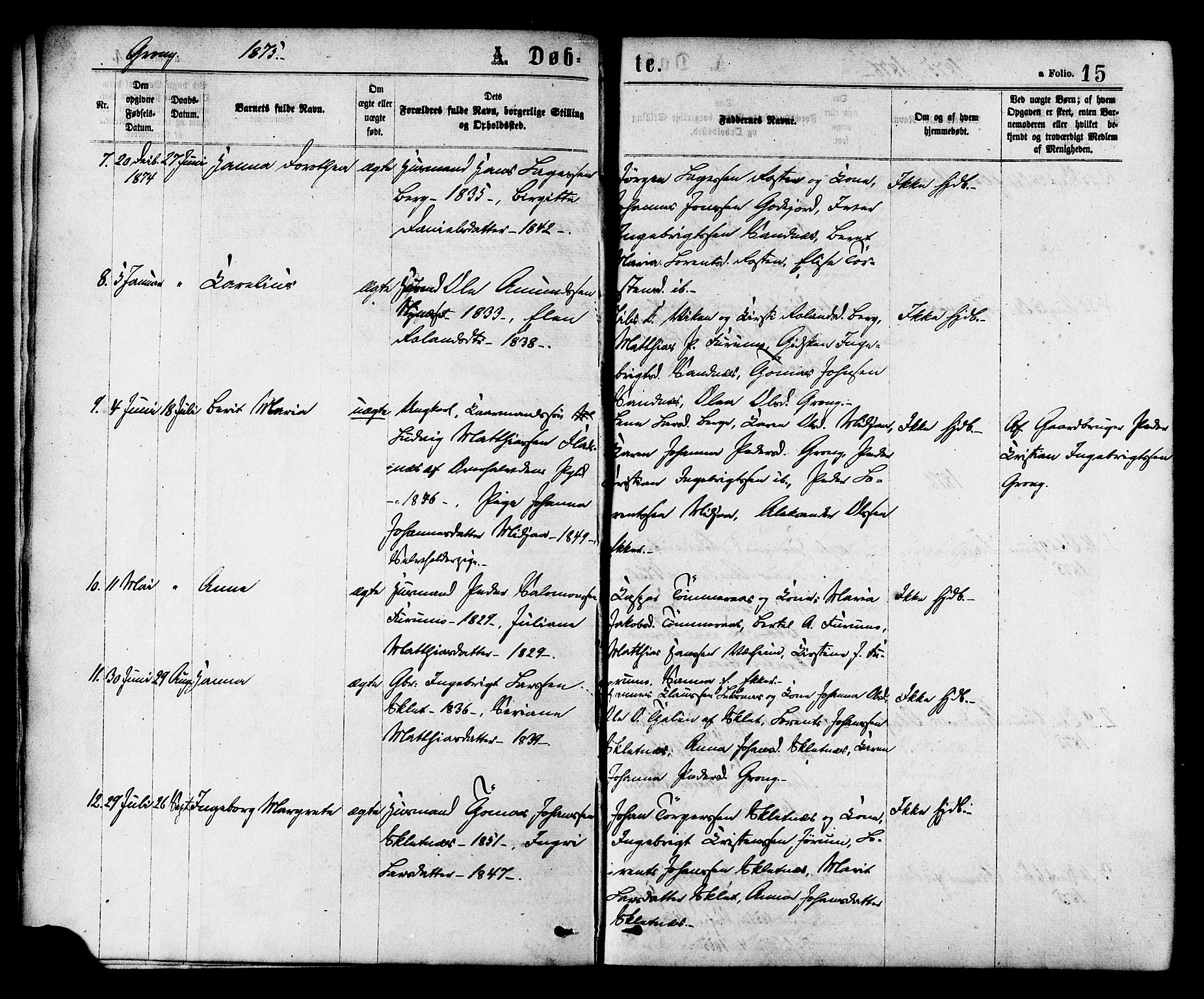 Ministerialprotokoller, klokkerbøker og fødselsregistre - Nord-Trøndelag, AV/SAT-A-1458/758/L0516: Ministerialbok nr. 758A03 /1, 1869-1879, s. 15