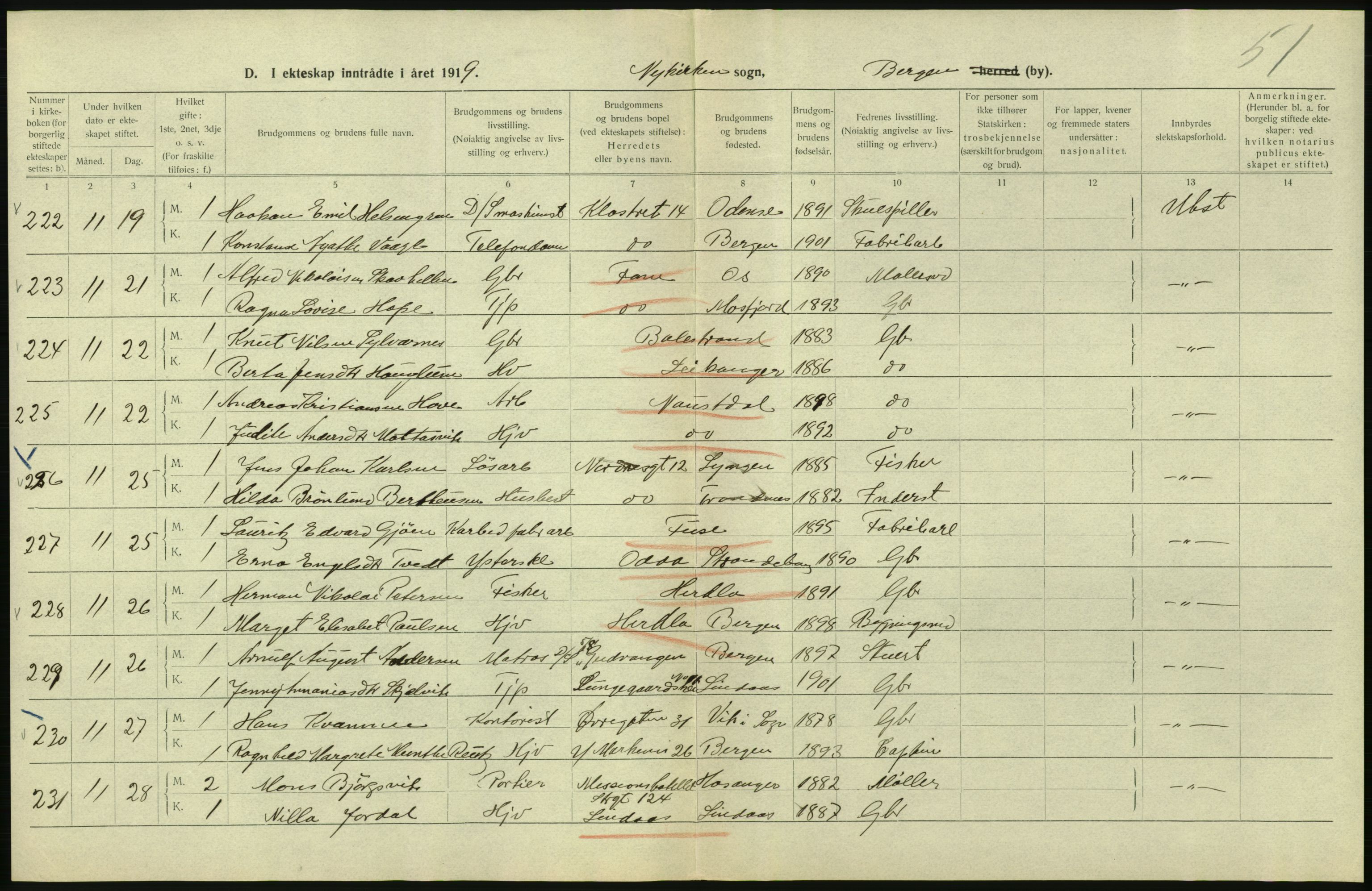 Statistisk sentralbyrå, Sosiodemografiske emner, Befolkning, RA/S-2228/D/Df/Dfb/Dfbi/L0035: Bergen: Gifte, døde, dødfødte., 1919, s. 106