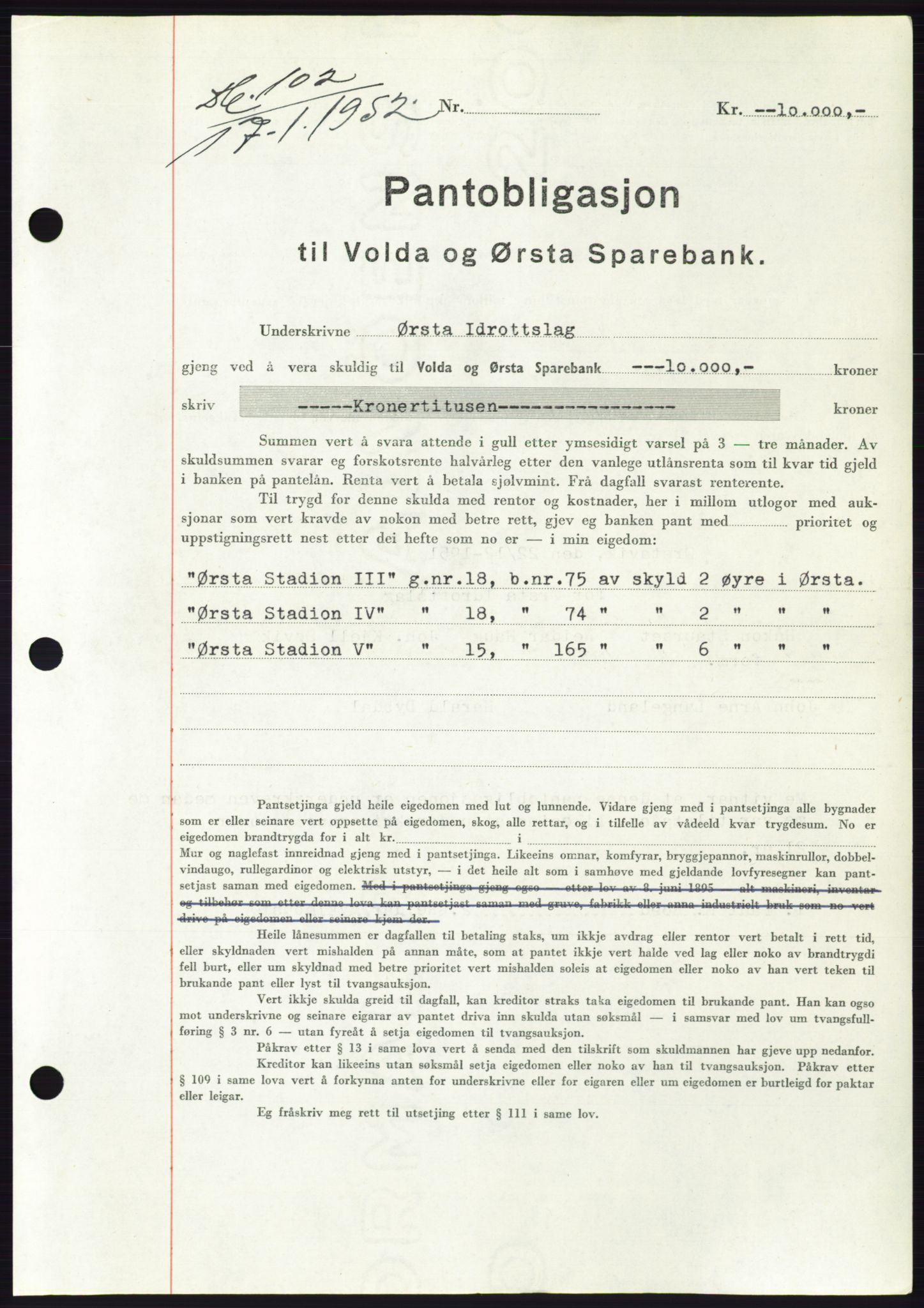 Søre Sunnmøre sorenskriveri, AV/SAT-A-4122/1/2/2C/L0121: Pantebok nr. 9B, 1951-1952, Dagboknr: 102/1952