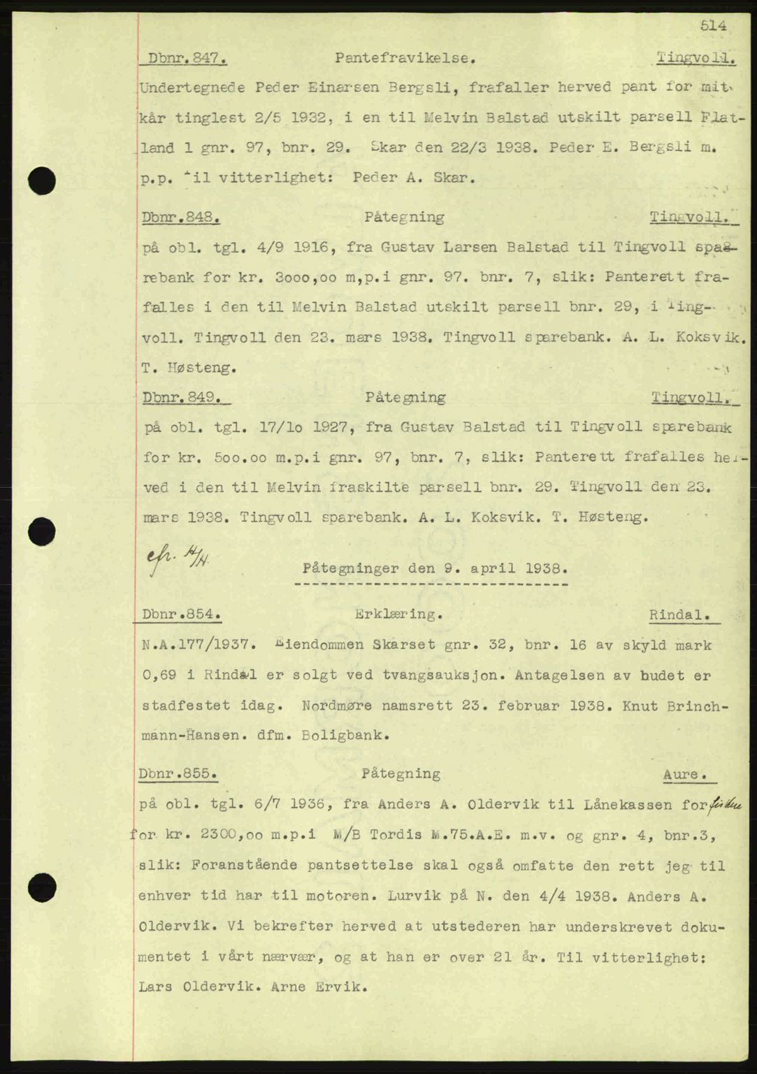 Nordmøre sorenskriveri, SAT/A-4132/1/2/2Ca: Pantebok nr. C80, 1936-1939, Dagboknr: 847/1938