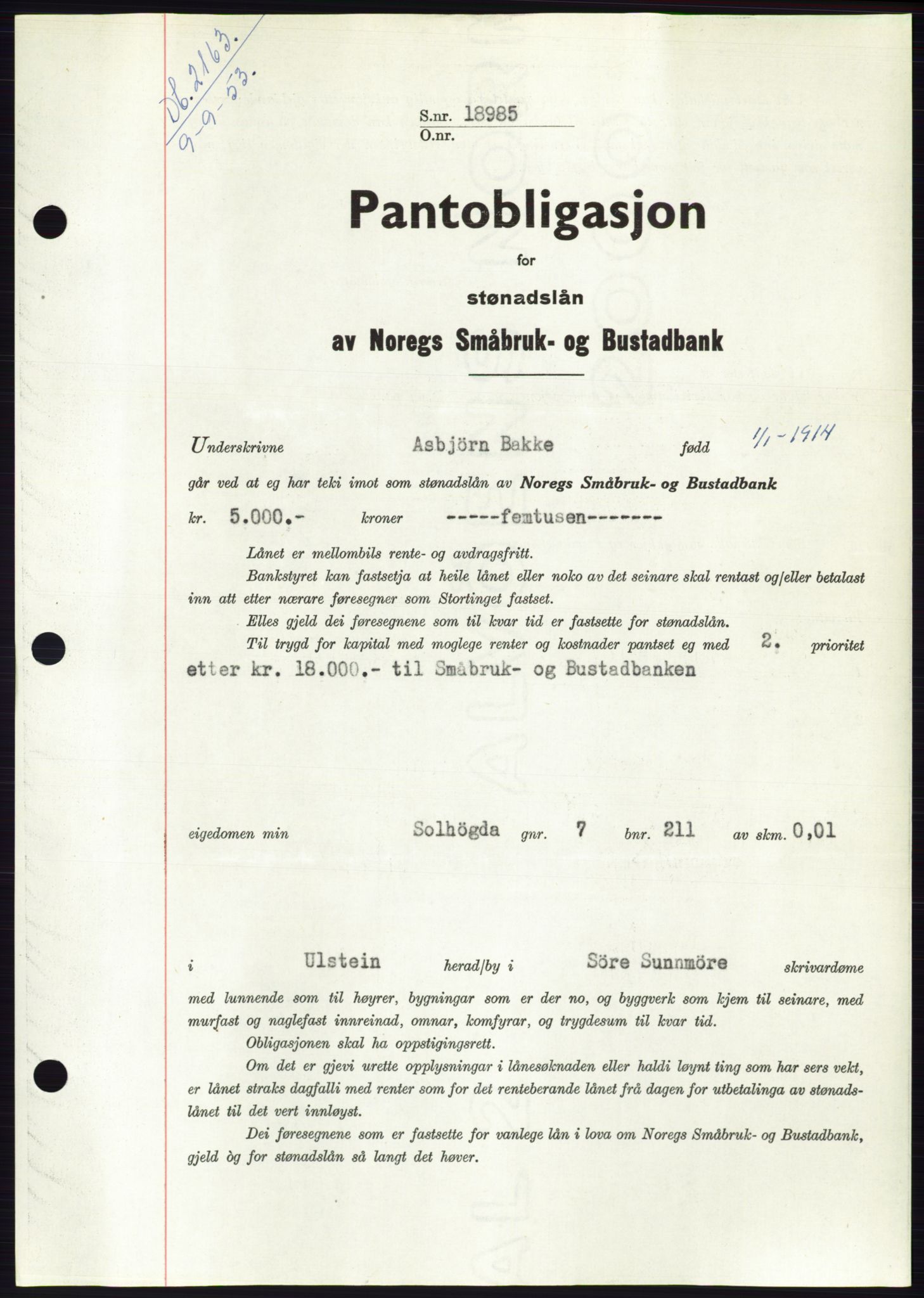 Søre Sunnmøre sorenskriveri, SAT/A-4122/1/2/2C/L0123: Pantebok nr. 11B, 1953-1953, Dagboknr: 2163/1953