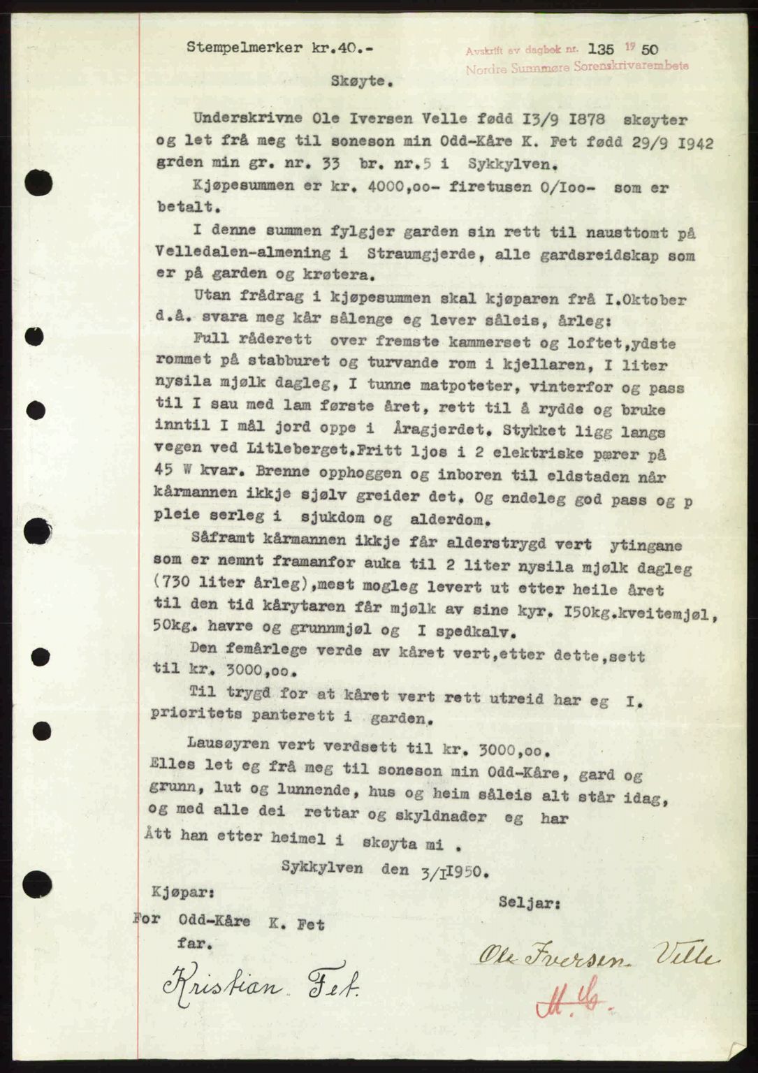 Nordre Sunnmøre sorenskriveri, SAT/A-0006/1/2/2C/2Ca: Pantebok nr. A33, 1949-1950, Dagboknr: 135/1950