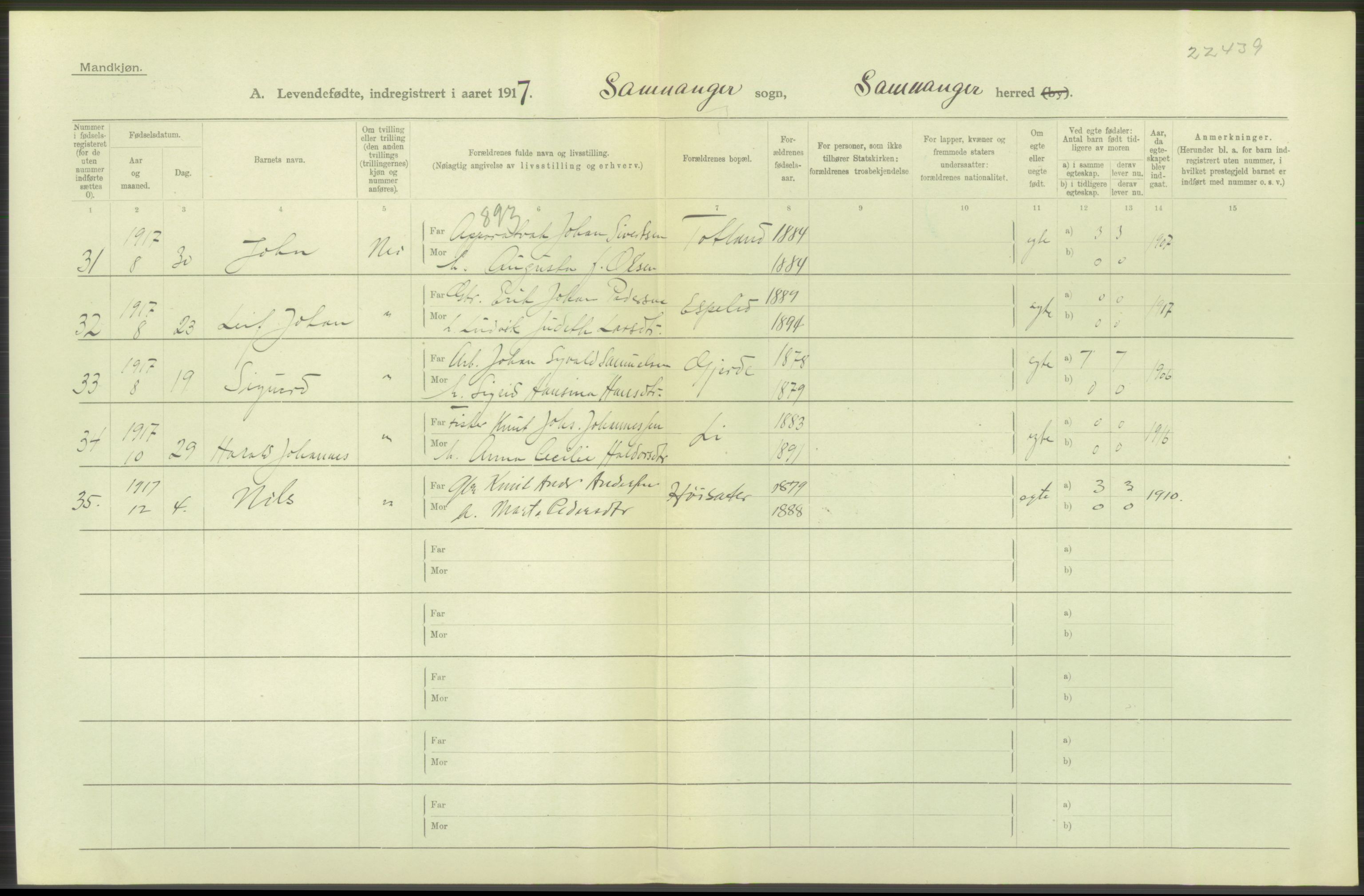 Statistisk sentralbyrå, Sosiodemografiske emner, Befolkning, AV/RA-S-2228/D/Df/Dfb/Dfbg/L0034: S. Bergenhus amt: Levendefødte menn og kvinner. Bygder., 1917, s. 484