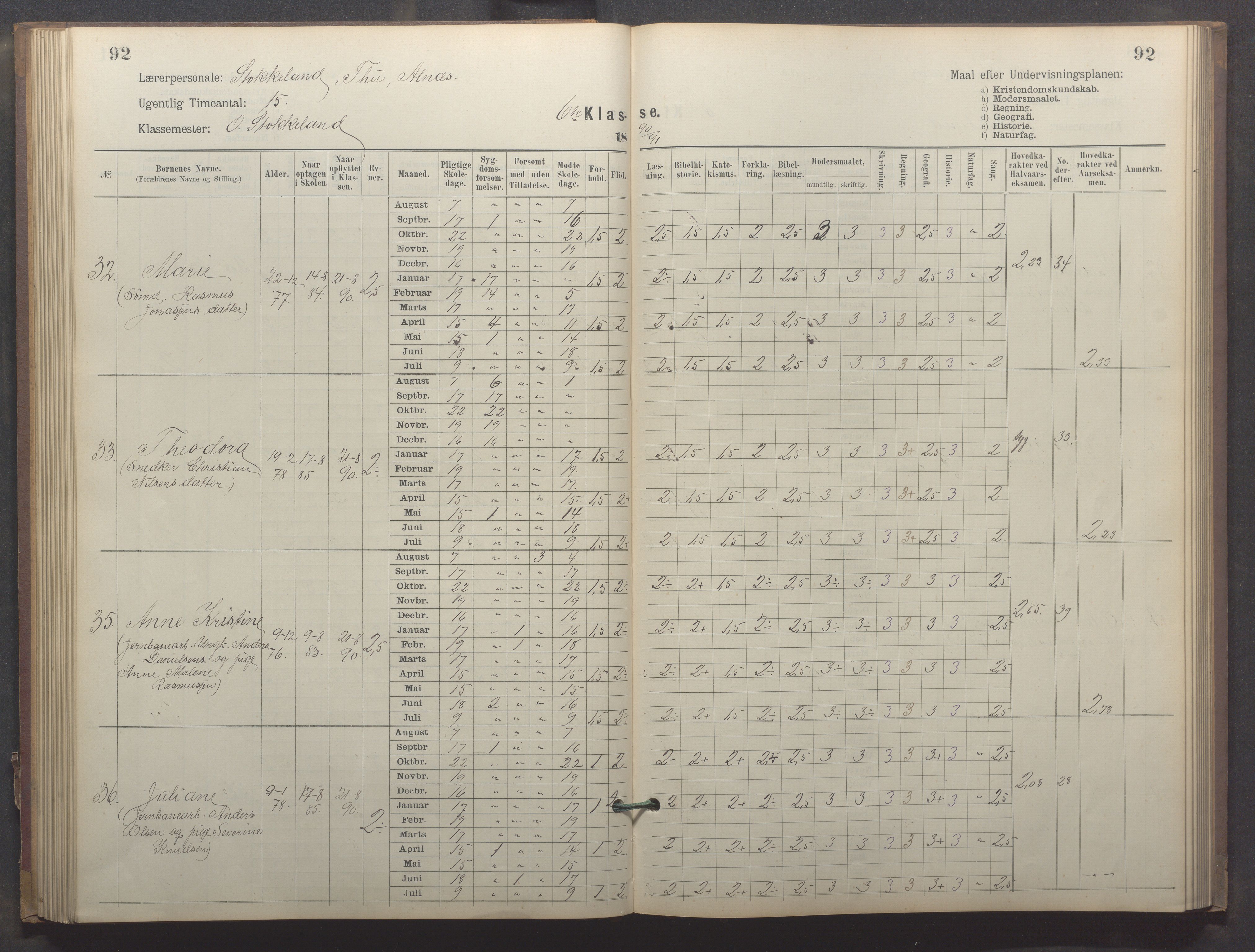 Egersund kommune (Ladested) - Egersund almueskole/folkeskole, IKAR/K-100521/H/L0023: Skoleprotokoll - Almueskolen, 6. klasse, 1886-1892, s. 92