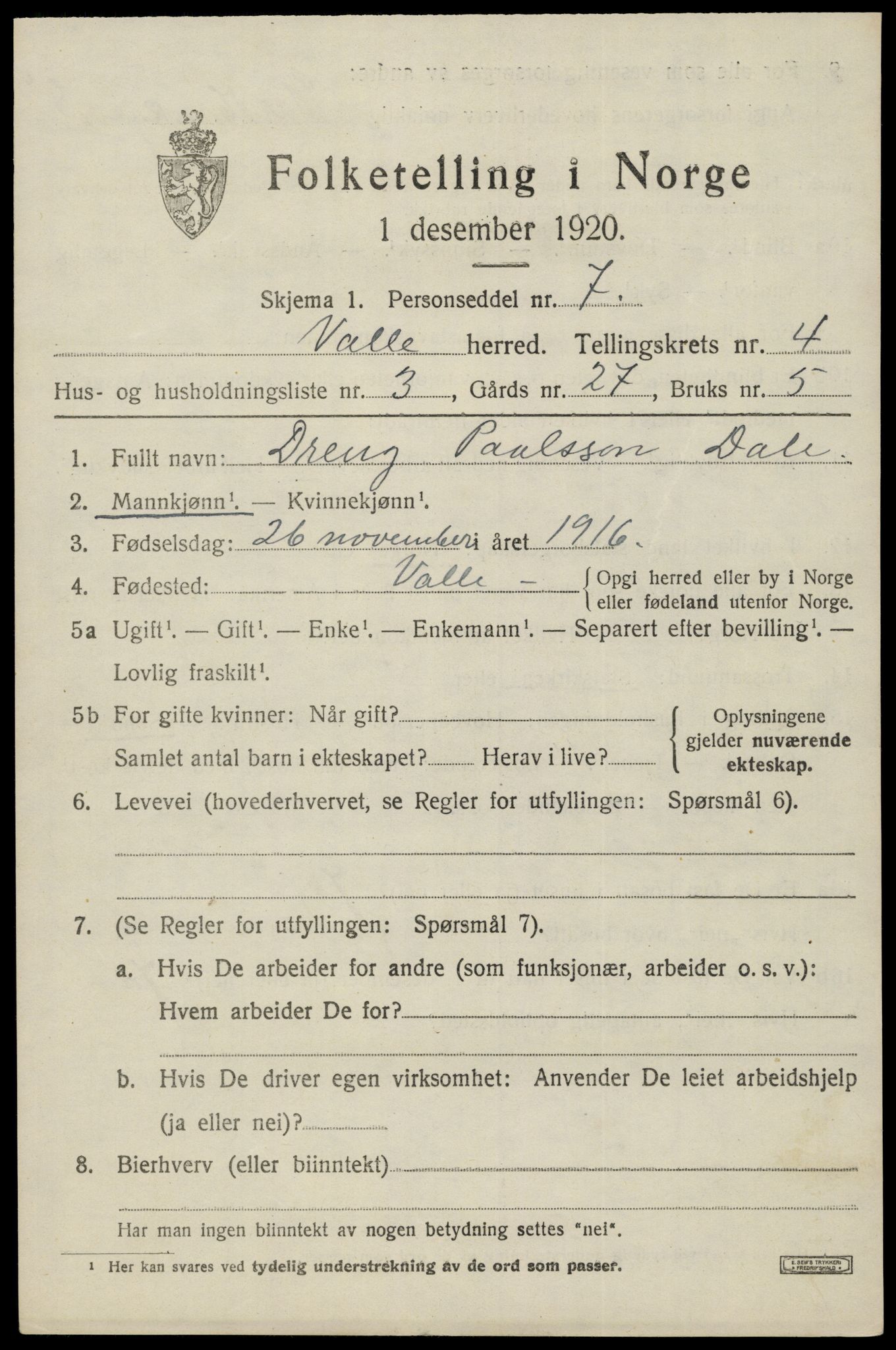 SAK, Folketelling 1920 for 0940 Valle herred, 1920, s. 2021