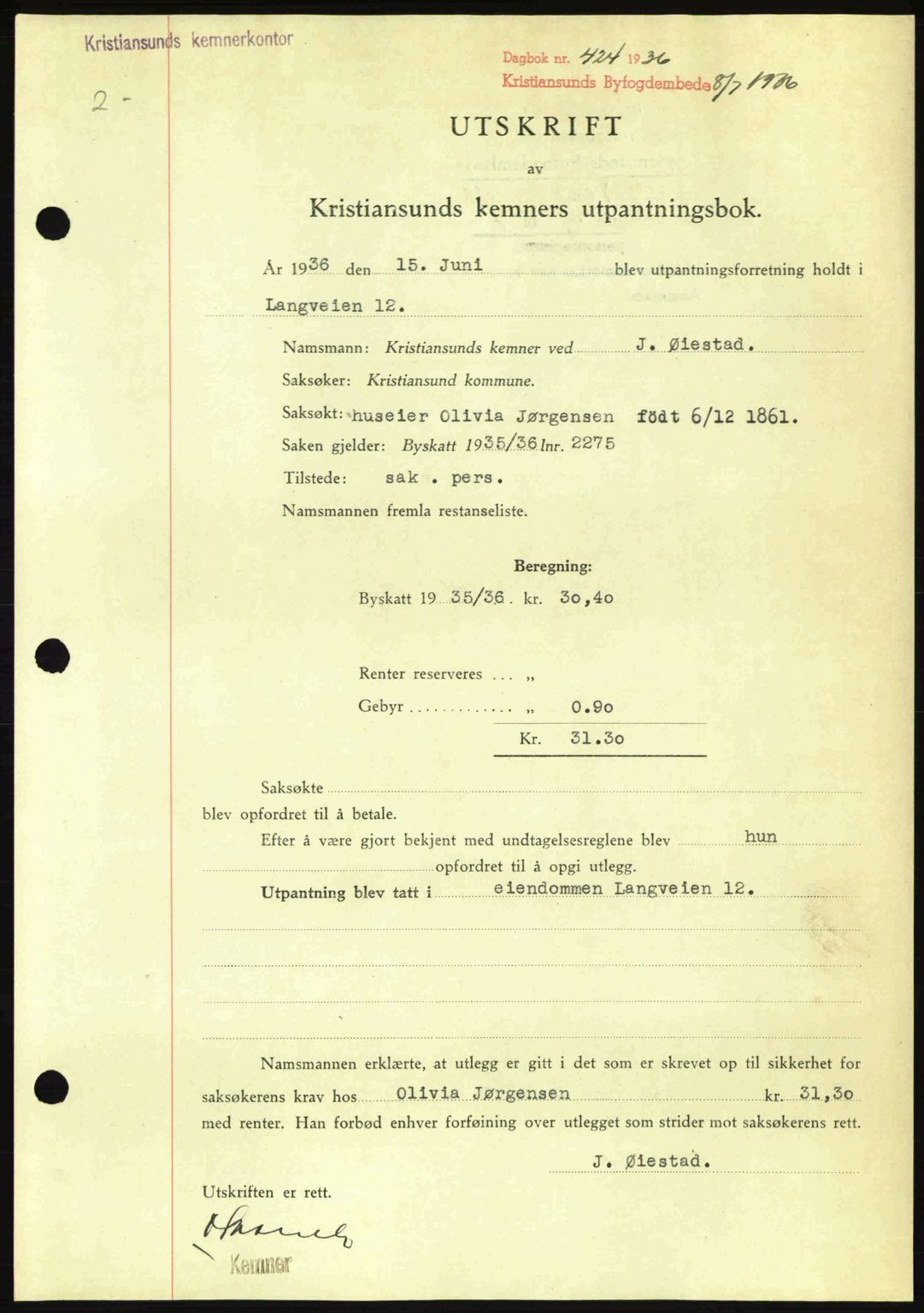 Kristiansund byfogd, SAT/A-4587/A/27: Pantebok nr. 29, 1936-1937, Dagboknr: 424/1936