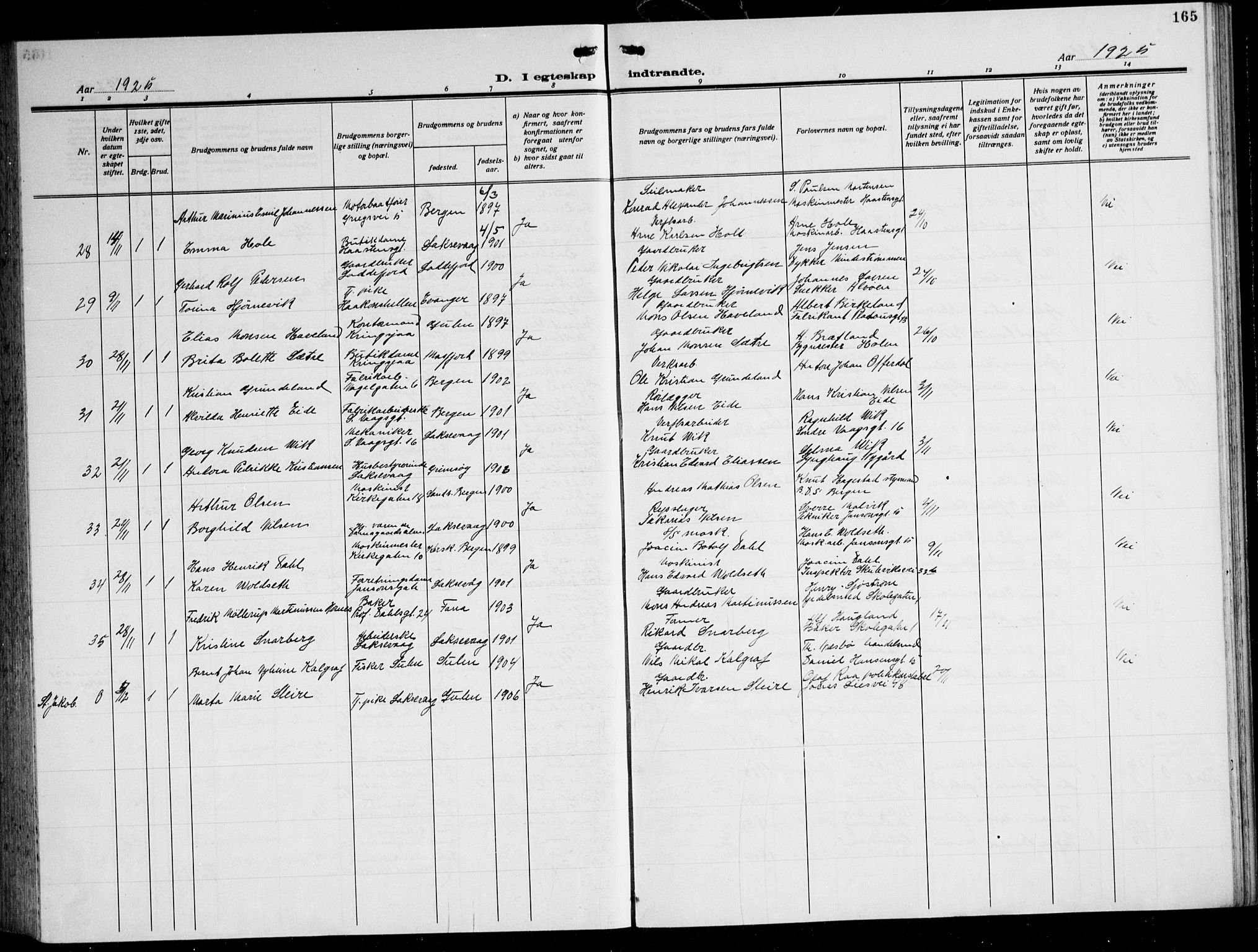 Laksevåg Sokneprestembete, AV/SAB-A-76501/H/Ha/Hab/Haba: Klokkerbok nr. A 10, 1925-1942, s. 165