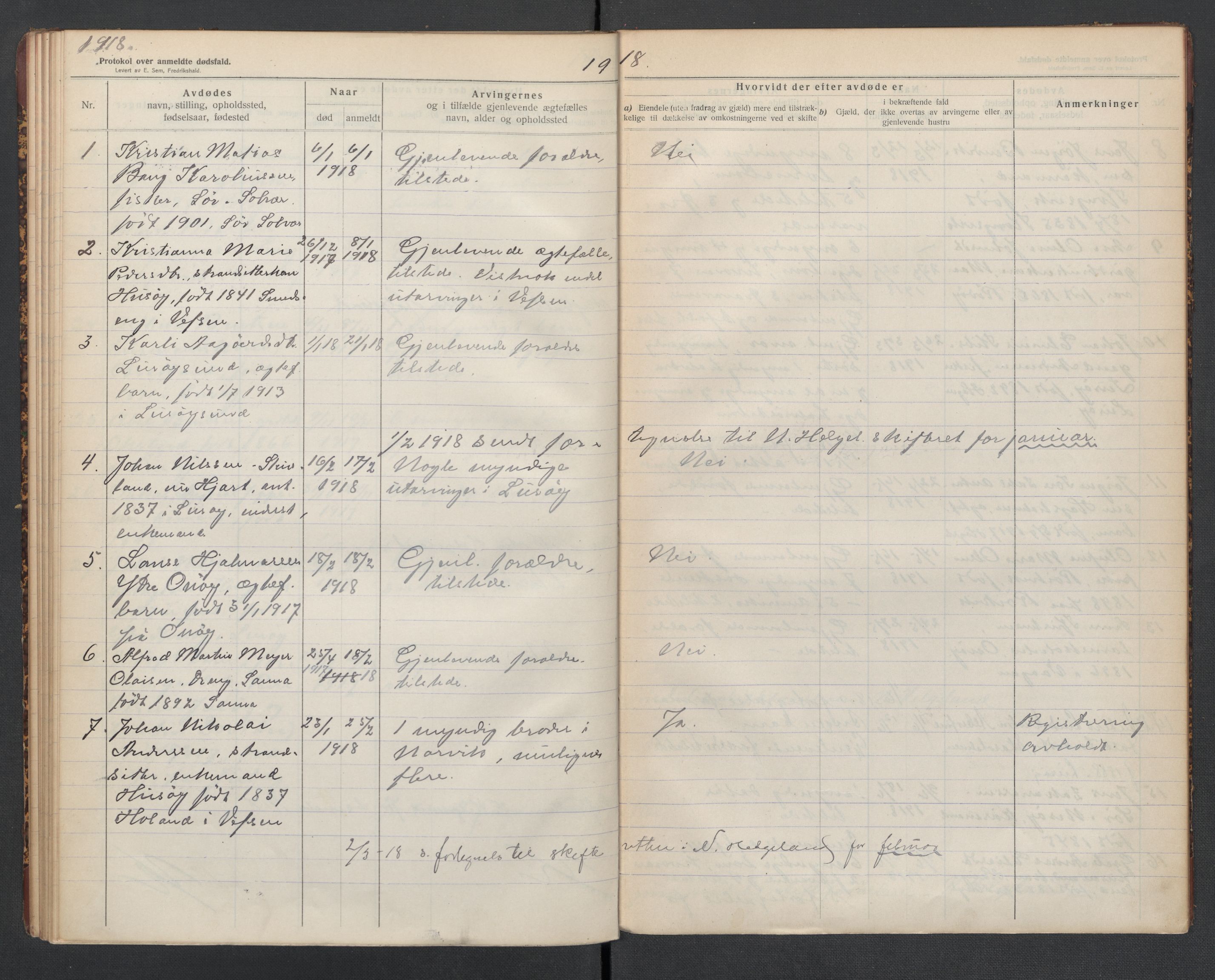 Lurøy og Træna lensmannskontor, AV/SAT-A-5697/1/02/L0002: 2.01.02 - Dødsfallsprotokoll, 1911-1920