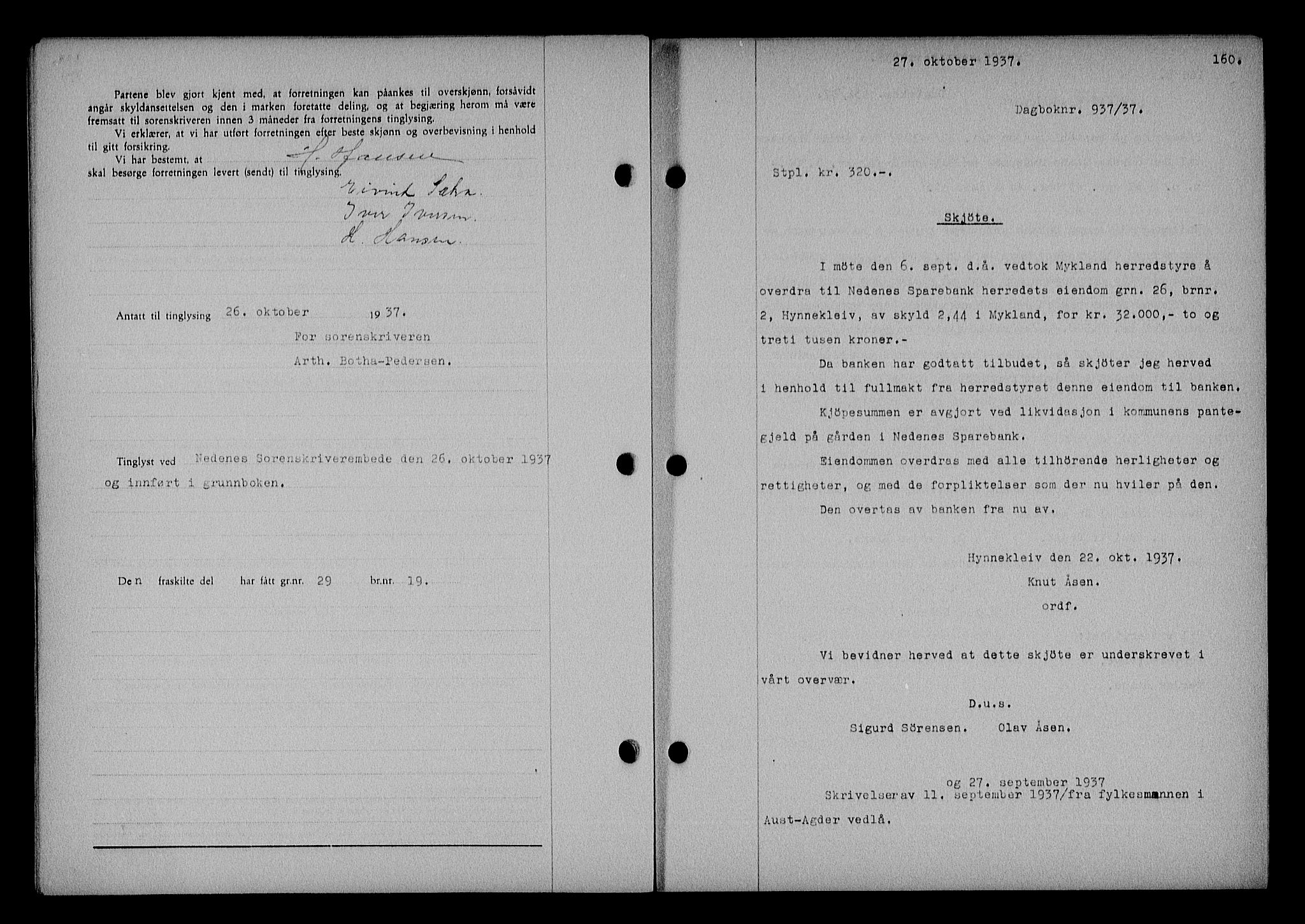 Nedenes sorenskriveri, SAK/1221-0006/G/Gb/Gba/L0044: Pantebok nr. 40, 1937-1938, Dagboknr: 937/1937