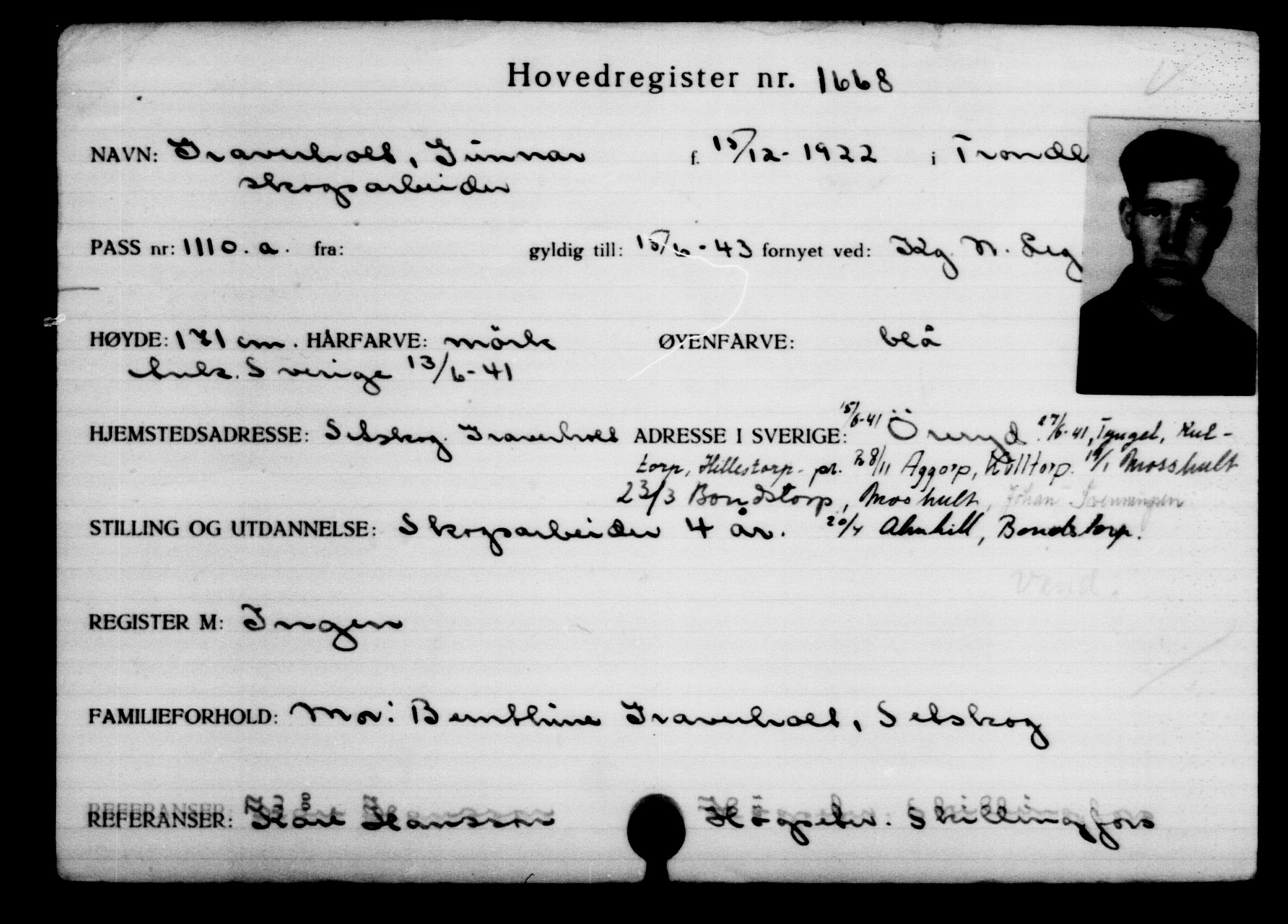 Utenriksstasjonene, Legasjonen i Stockholm, Flyktningkontoret, AV/RA-S-6753/V/Va/L0002: Kjesäterkartoteket, flyktninger med registreringsnr. 1001-2000, 1940-1945, s. 945