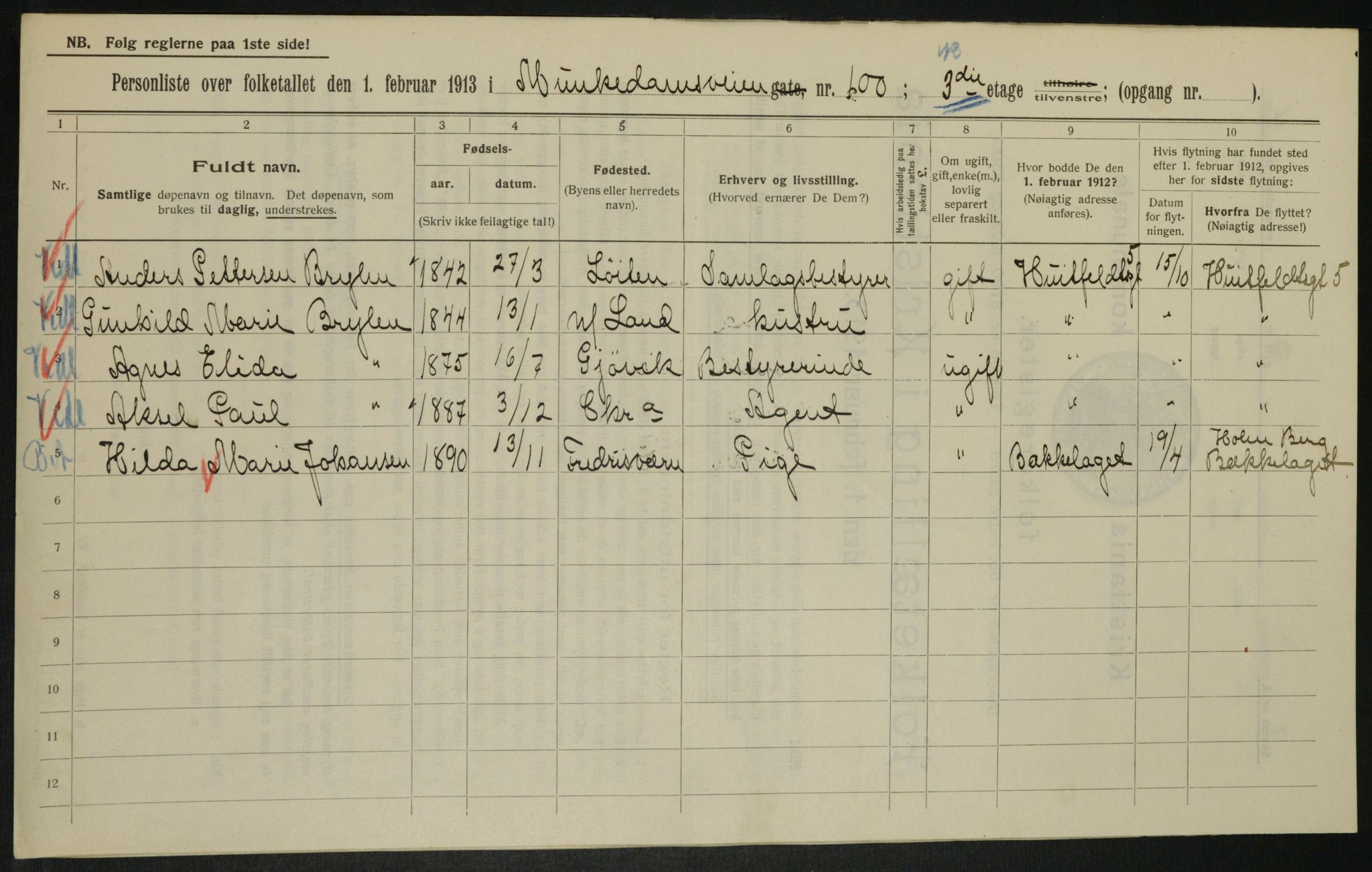OBA, Kommunal folketelling 1.2.1913 for Kristiania, 1913, s. 67878