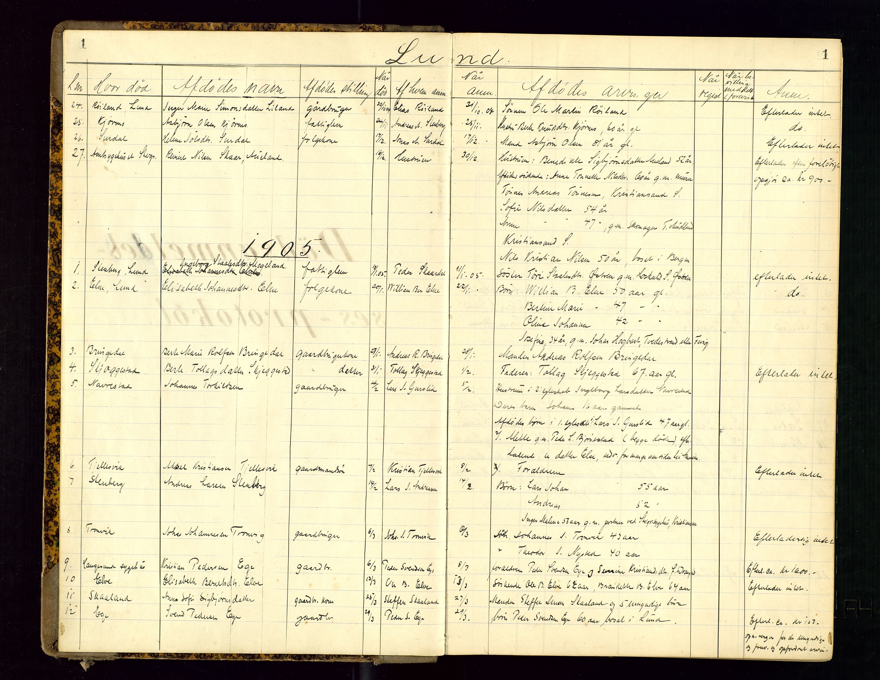 Dalane sorenskriveri, AV/SAST-A-100309/001/5/52/L0001: DØDSFALLPROTOKOLL, 1904-1911, s. 1