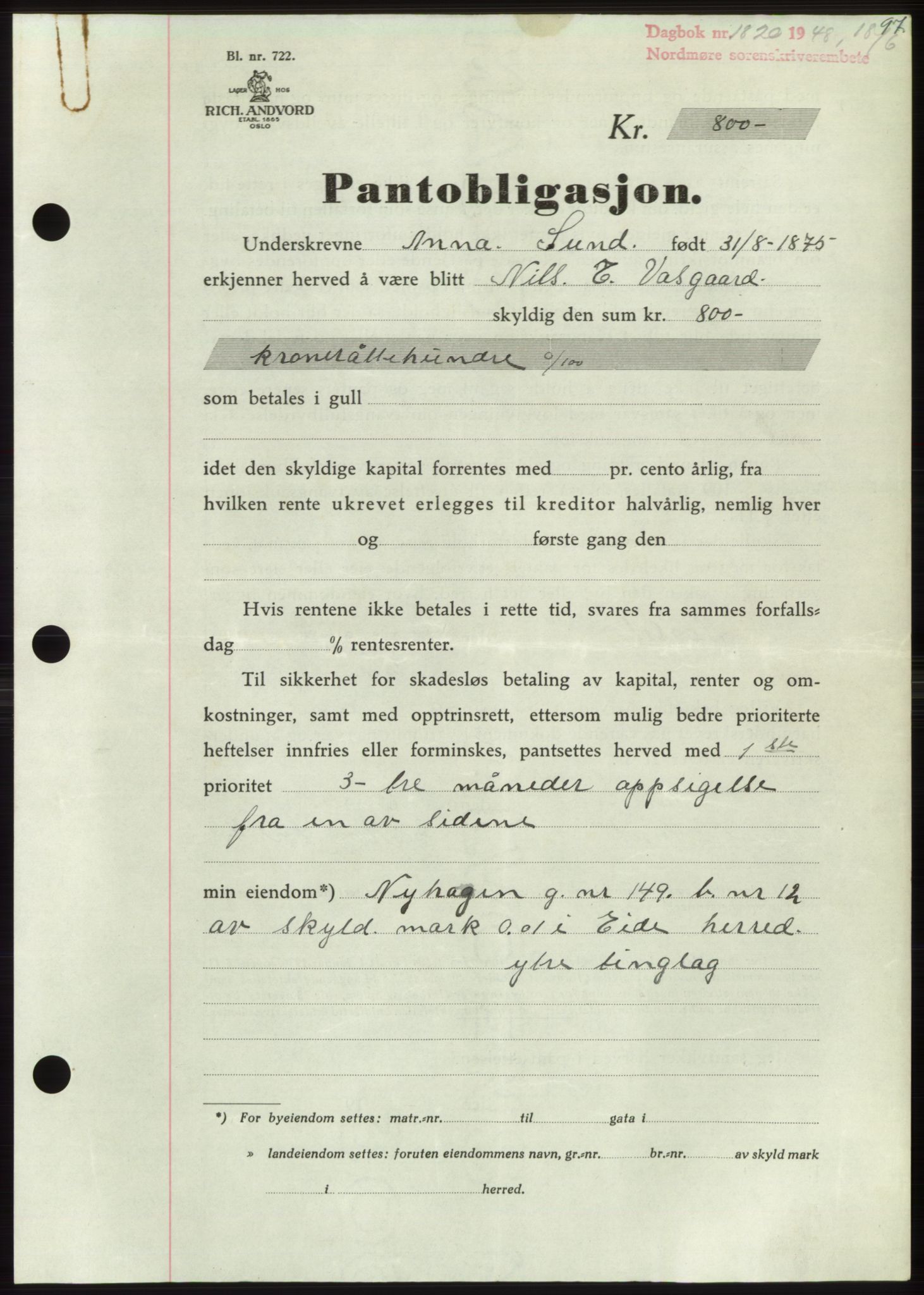 Nordmøre sorenskriveri, SAT/A-4132/1/2/2Ca: Pantebok nr. B99, 1948-1948, Dagboknr: 1820/1948