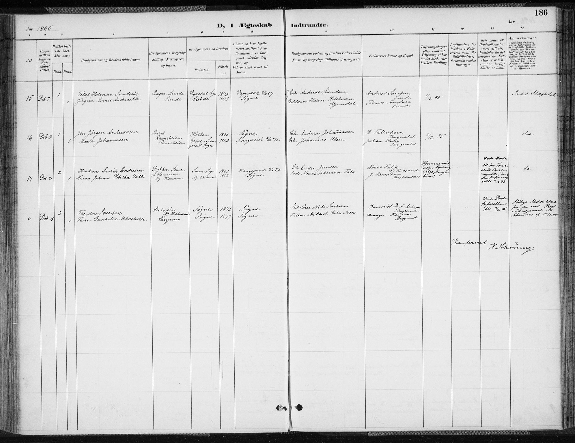 Søgne sokneprestkontor, SAK/1111-0037/F/Fa/Fab/L0013: Ministerialbok nr. A 13, 1892-1911, s. 186