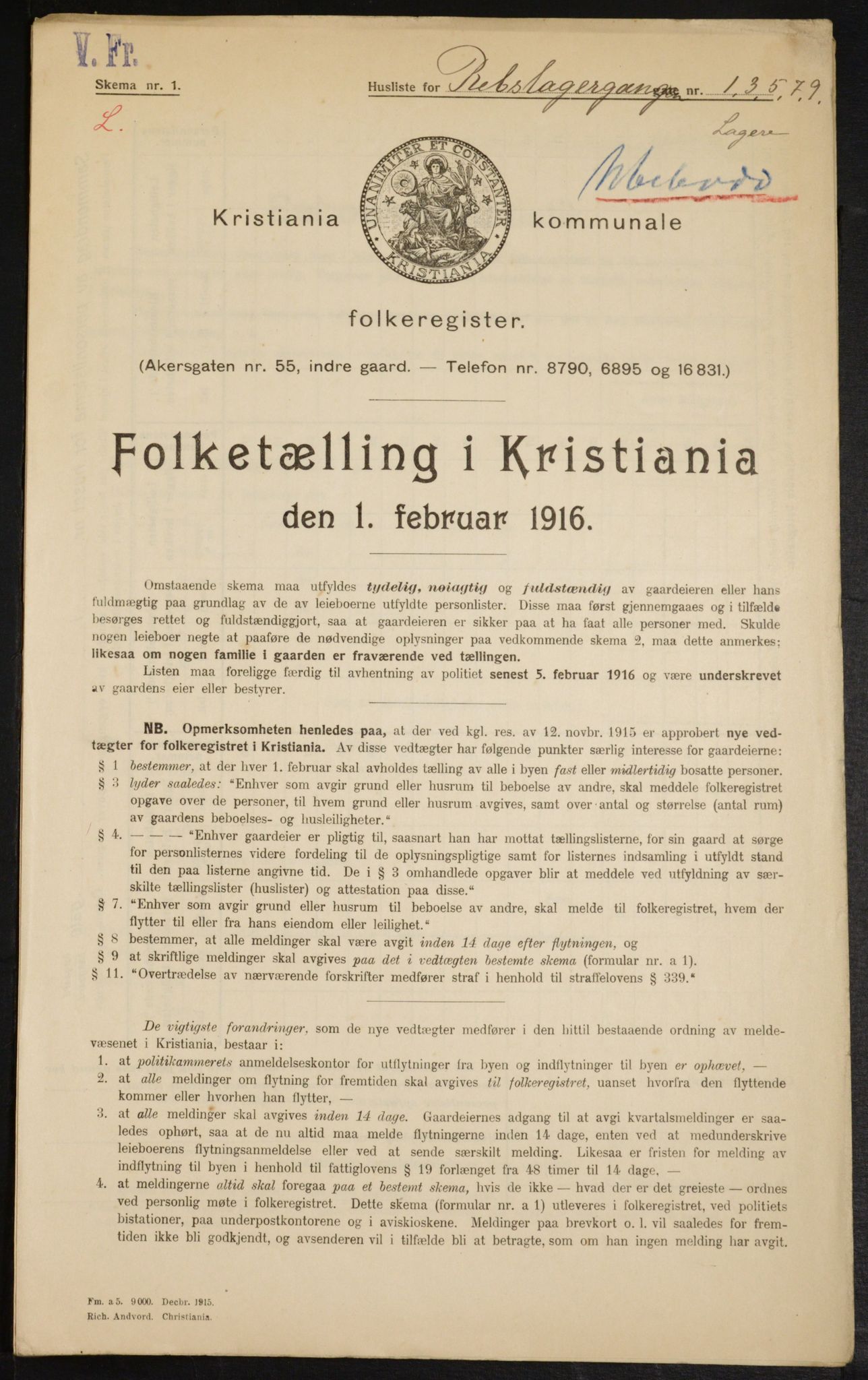 OBA, Kommunal folketelling 1.2.1916 for Kristiania, 1916, s. 84999
