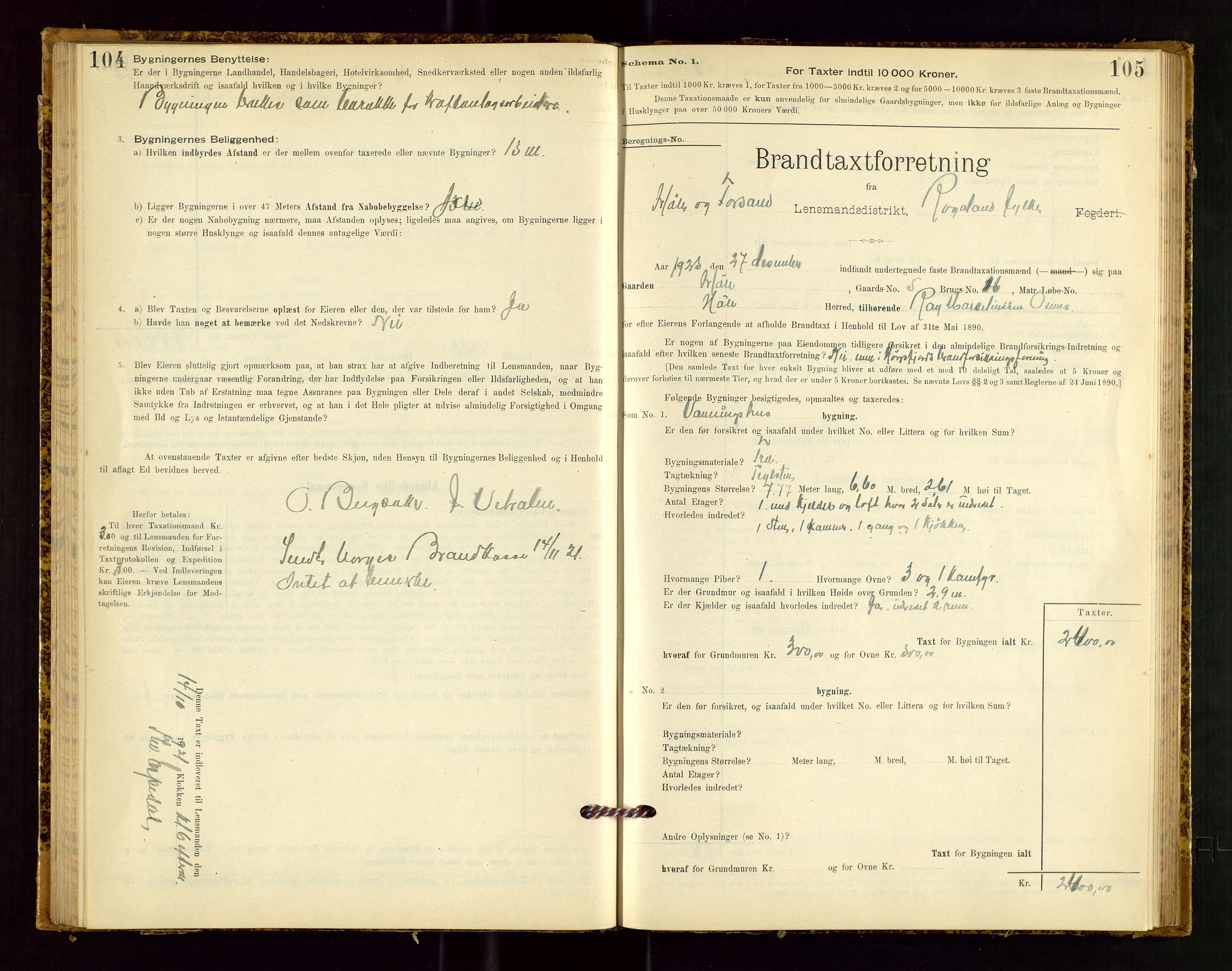 Høle og Forsand lensmannskontor, SAST/A-100127/Gob/L0001: "Brandtaxtprotokol" - skjematakst, 1897-1940, s. 104-105