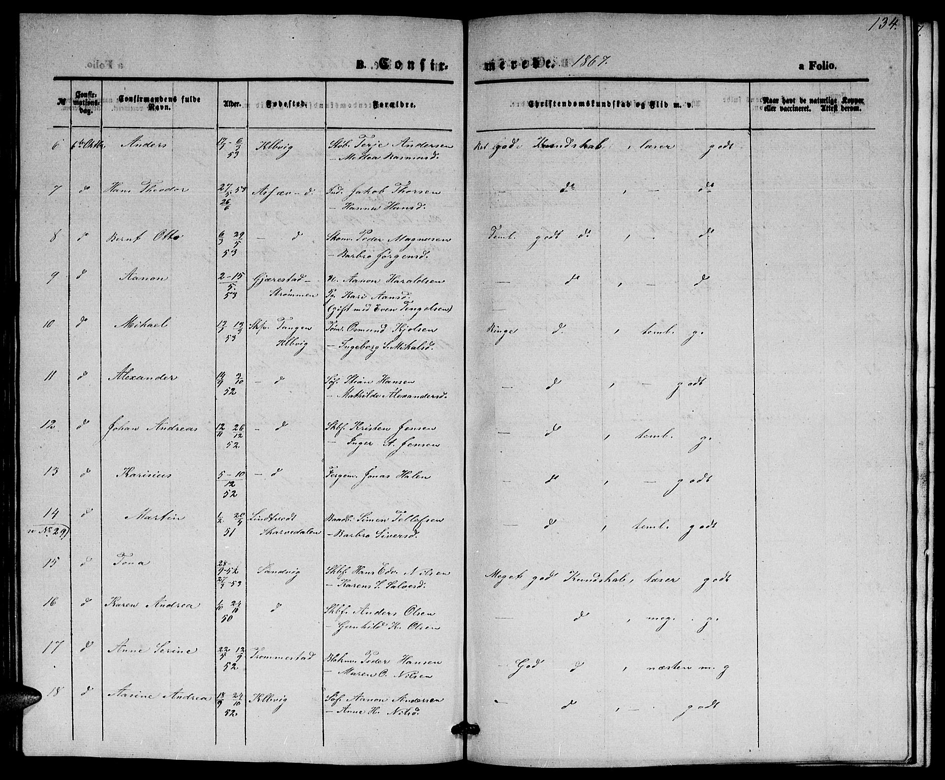 Hisøy sokneprestkontor, SAK/1111-0020/F/Fb/L0001: Klokkerbok nr. B 1, 1849-1872, s. 134