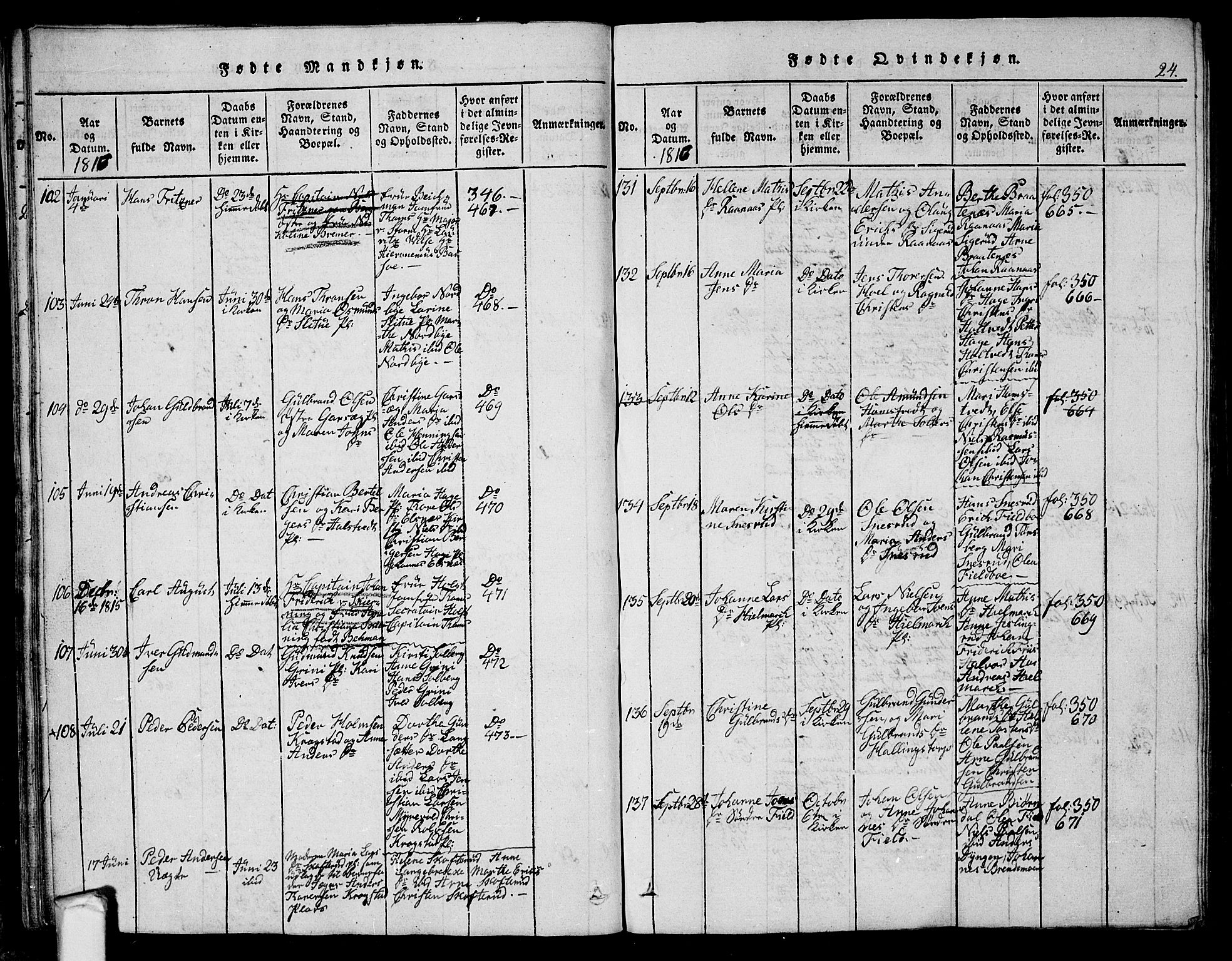 Eidsberg prestekontor Kirkebøker, AV/SAO-A-10905/G/Ga/L0001: Klokkerbok nr. I 1, 1814-1831, s. 24