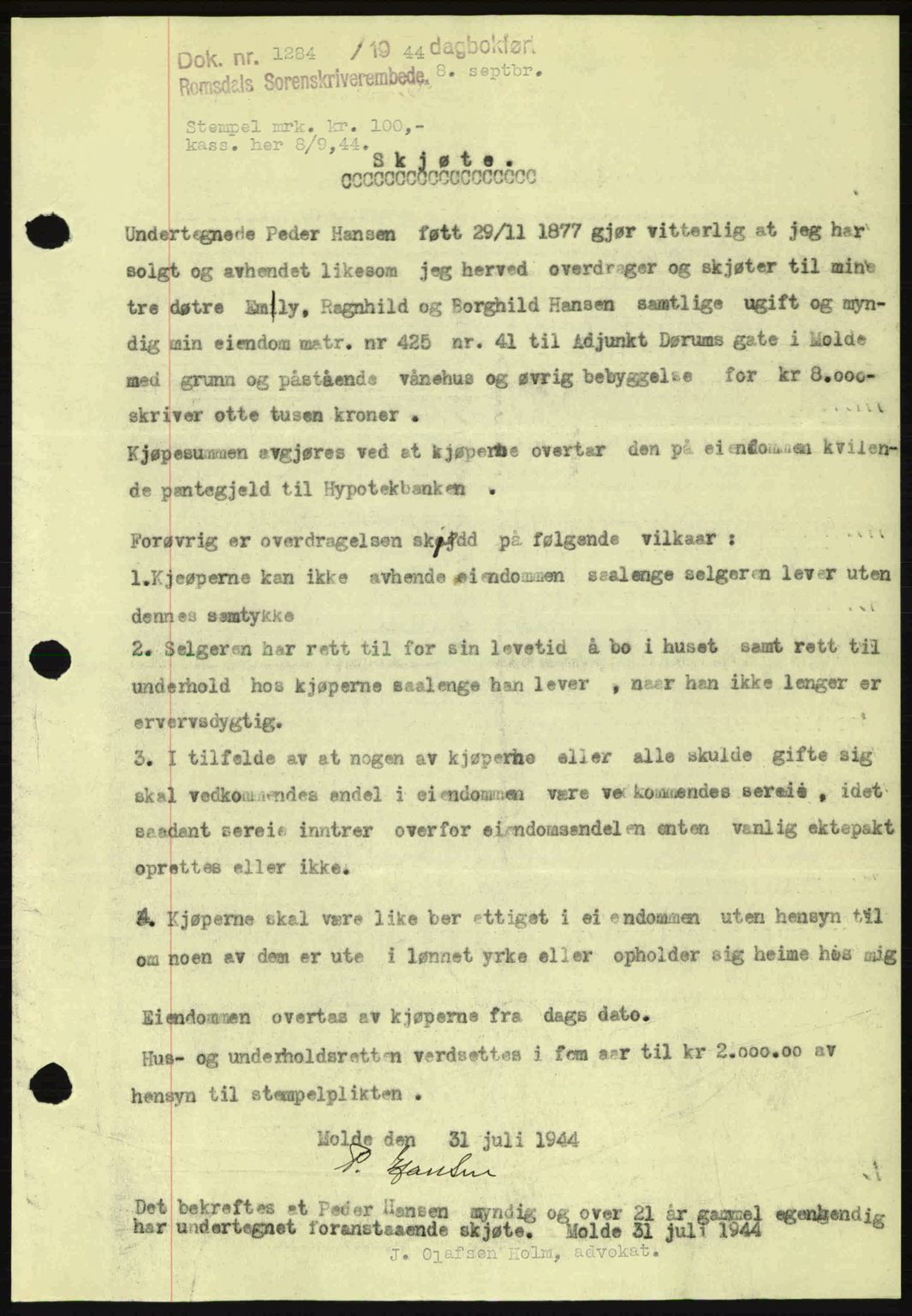 Romsdal sorenskriveri, SAT/A-4149/1/2/2C: Pantebok nr. A16, 1944-1944, Dagboknr: 1284/1944