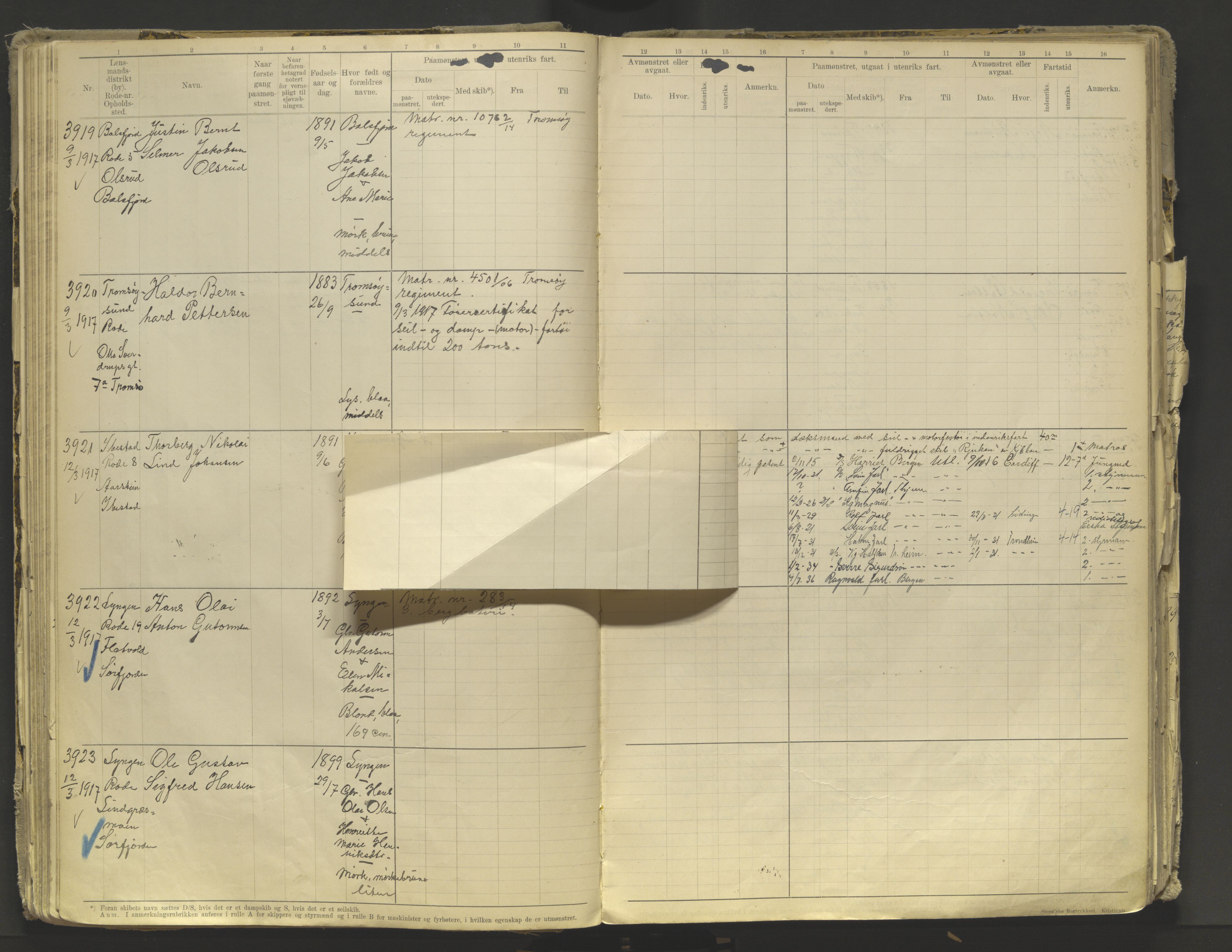 Tromsø sjømannskontor/innrullerings-/mønstringsdistrikt, AV/SATØ-S-0243/F/Fb/L0010: Annotasjonsrulle. Defekt: løs innbinding. Nr. 3519-4972, 1916-1920