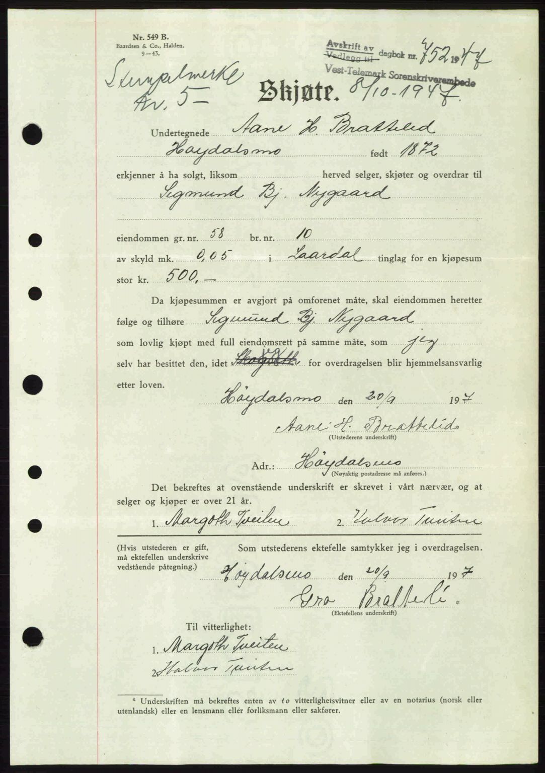 Vest-Telemark sorenskriveri, SAKO/A-134/G/Ga/Gac/L0008: Pantebok nr. A-8, 1947-1948, Dagboknr: 752/1947