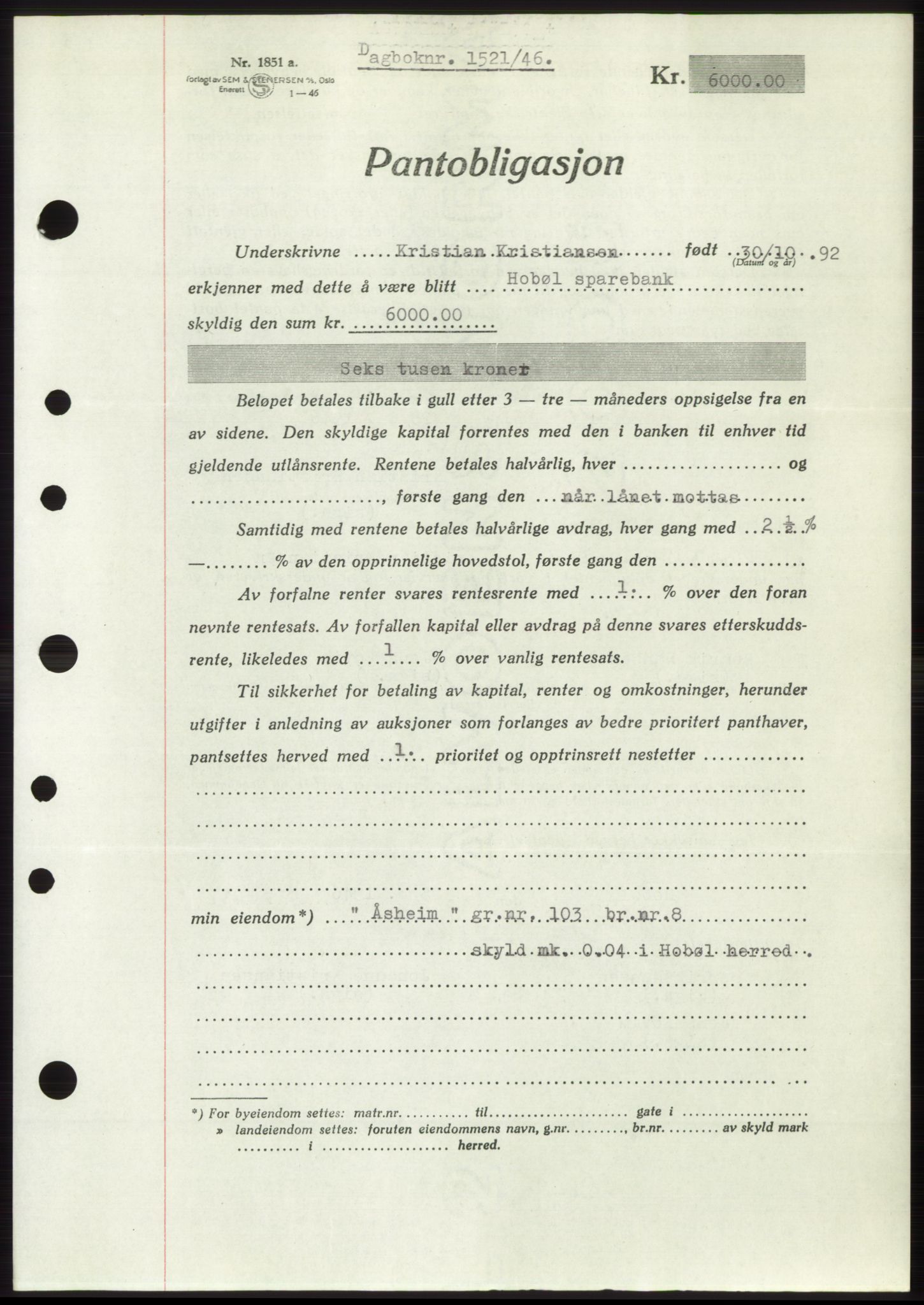 Moss sorenskriveri, SAO/A-10168: Pantebok nr. B15, 1946-1946, Dagboknr: 1521/1946
