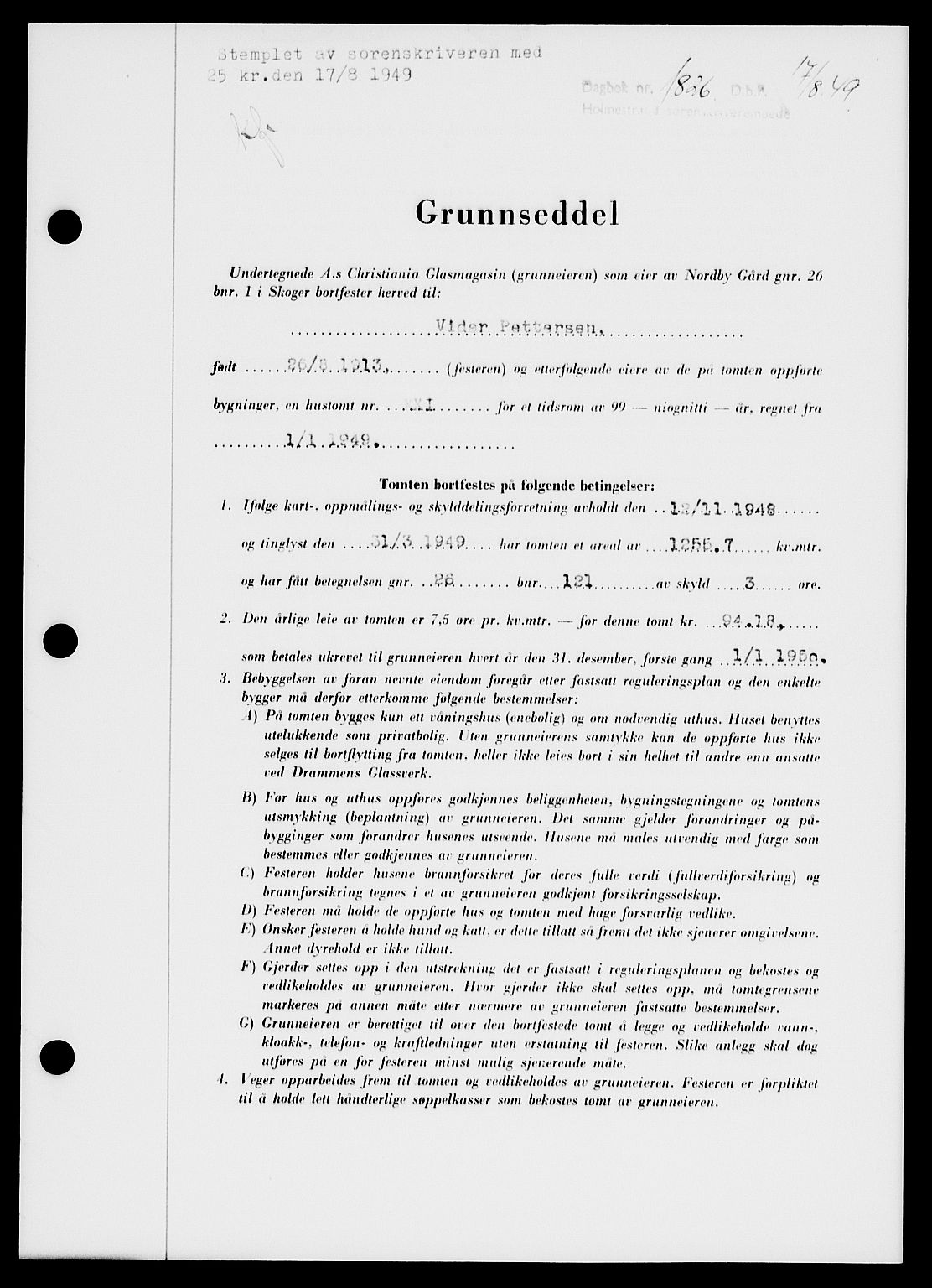Holmestrand sorenskriveri, SAKO/A-67/G/Ga/Gaa/L0067: Pantebok nr. A-67, 1949-1949, Dagboknr: 1826/1949