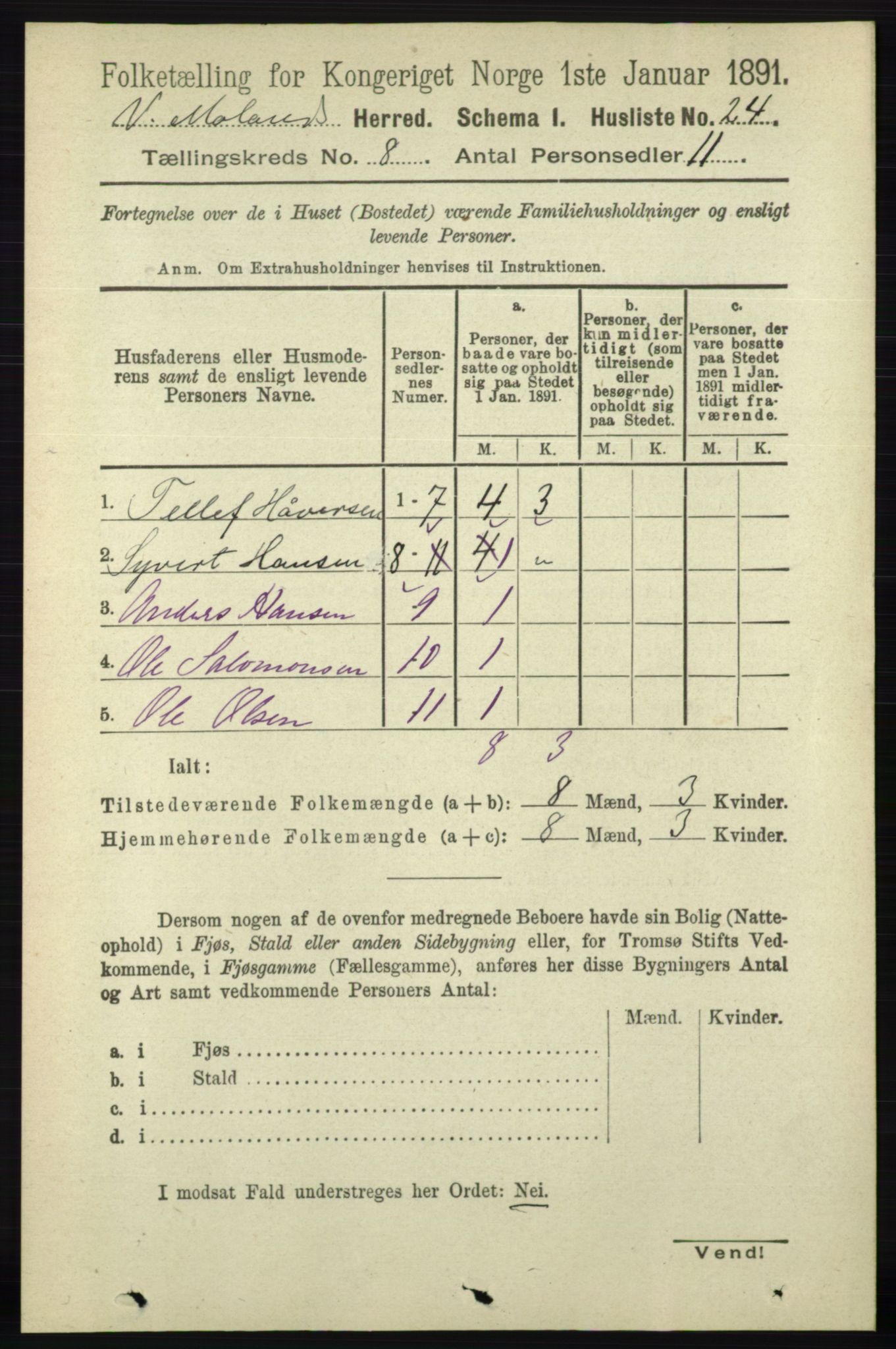 RA, Folketelling 1891 for 0926 Vestre Moland herred, 1891, s. 2993