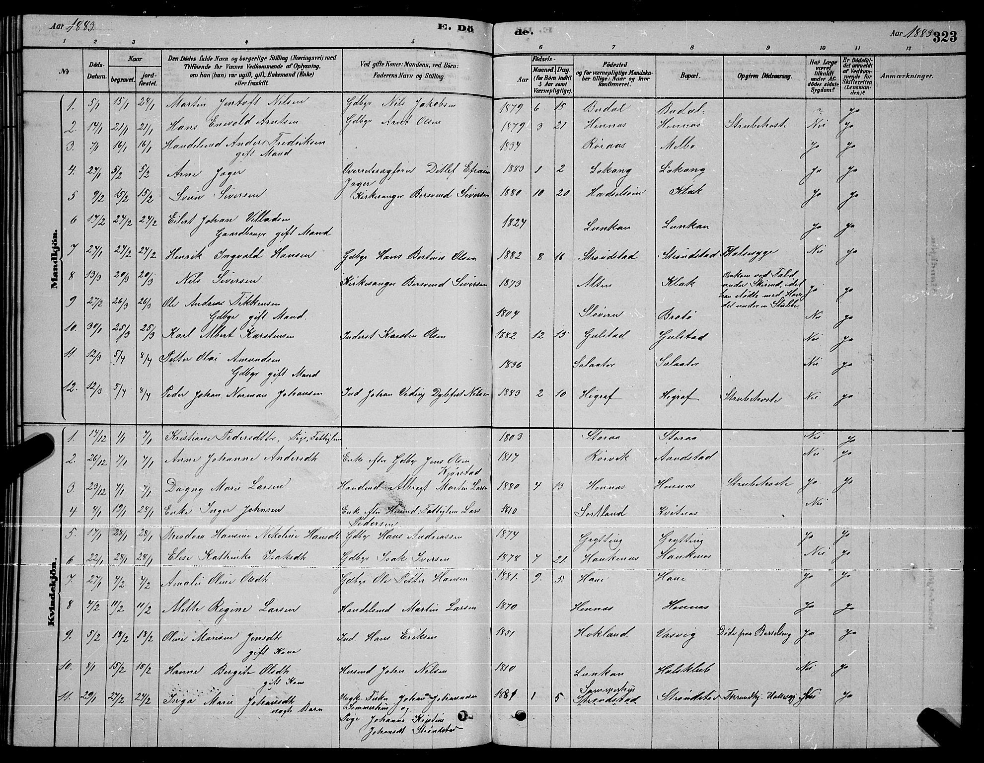 Ministerialprotokoller, klokkerbøker og fødselsregistre - Nordland, SAT/A-1459/888/L1267: Klokkerbok nr. 888C05, 1878-1890, s. 323