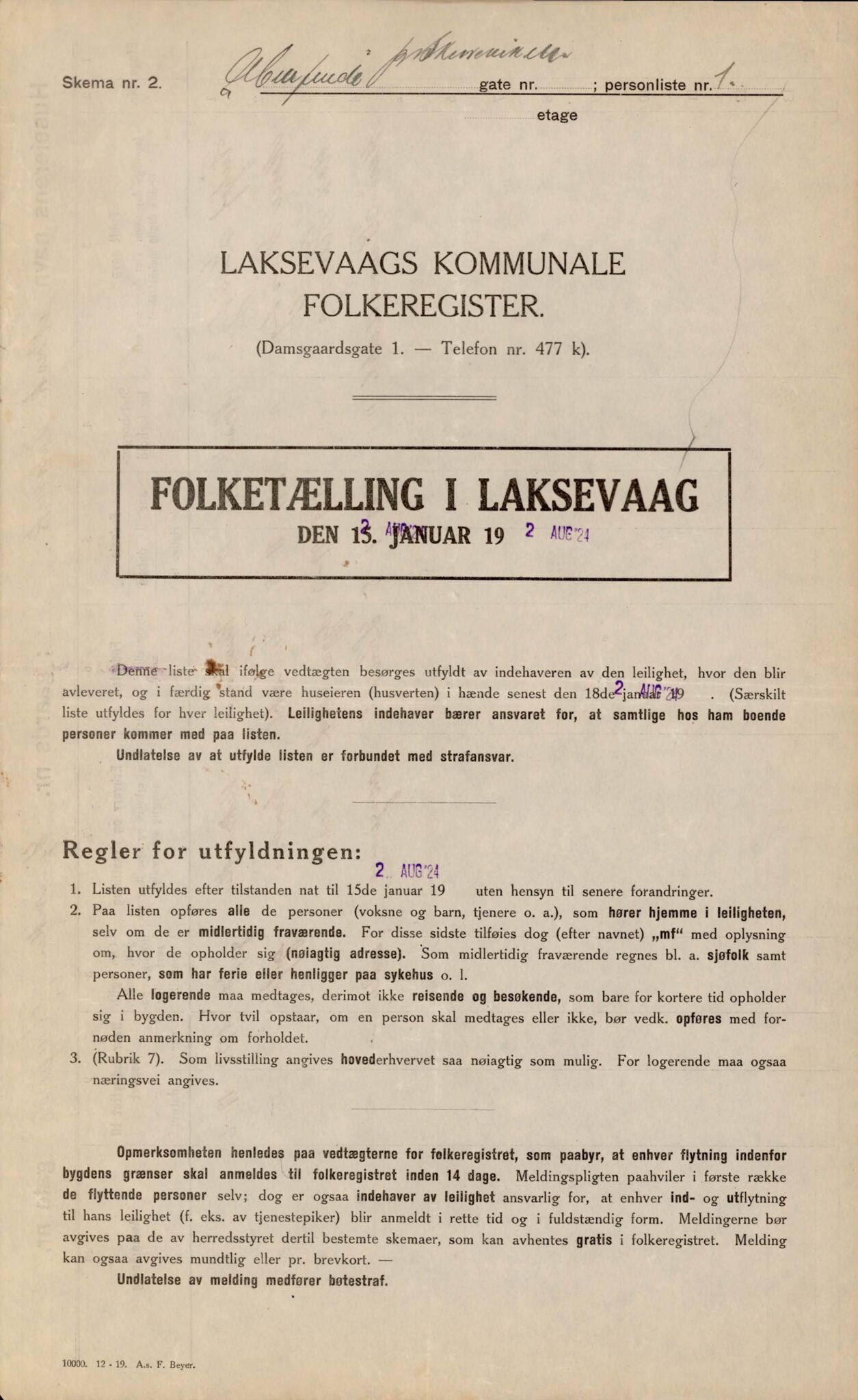 Laksevåg kommune. Folkeregisteret, BBA/A-1586/E/Ea/L0008: Folketellingskjema 1924, 1924