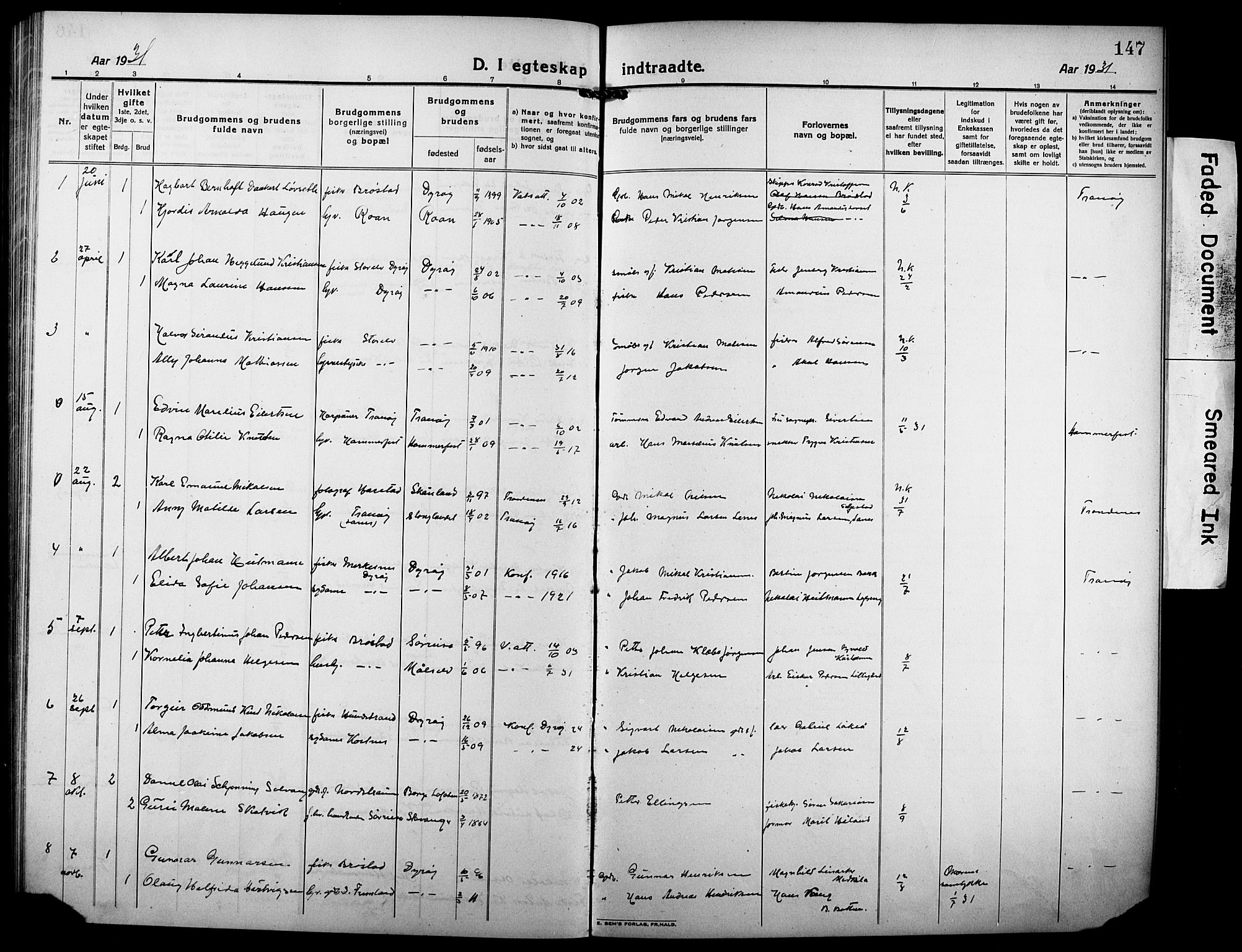 Tranøy sokneprestkontor, SATØ/S-1313/I/Ia/Iab/L0006klokker: Klokkerbok nr. 6, 1919-1932, s. 147