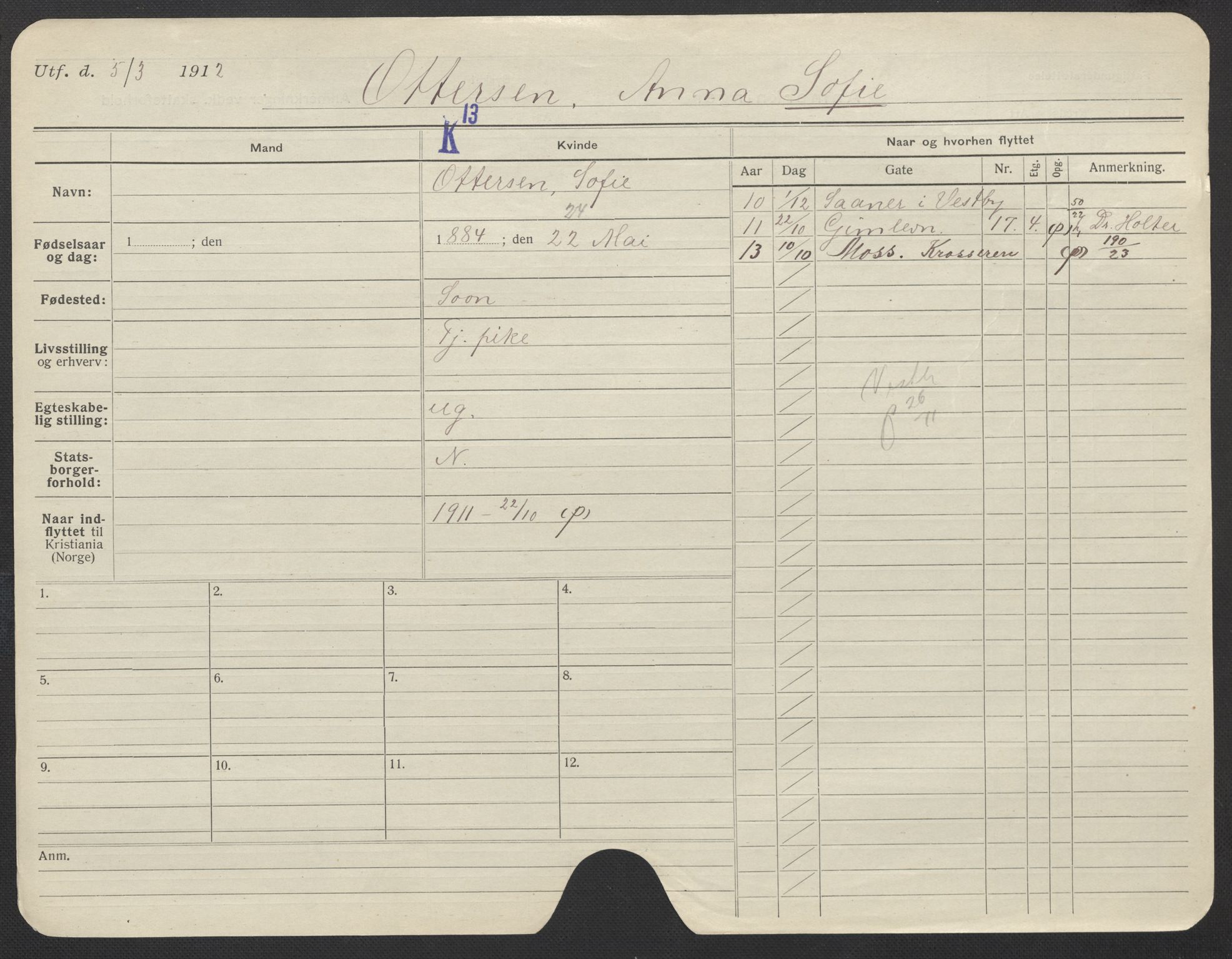 Oslo folkeregister, Registerkort, AV/SAO-A-11715/F/Fa/Fac/L0022: Kvinner, 1906-1914, s. 501a