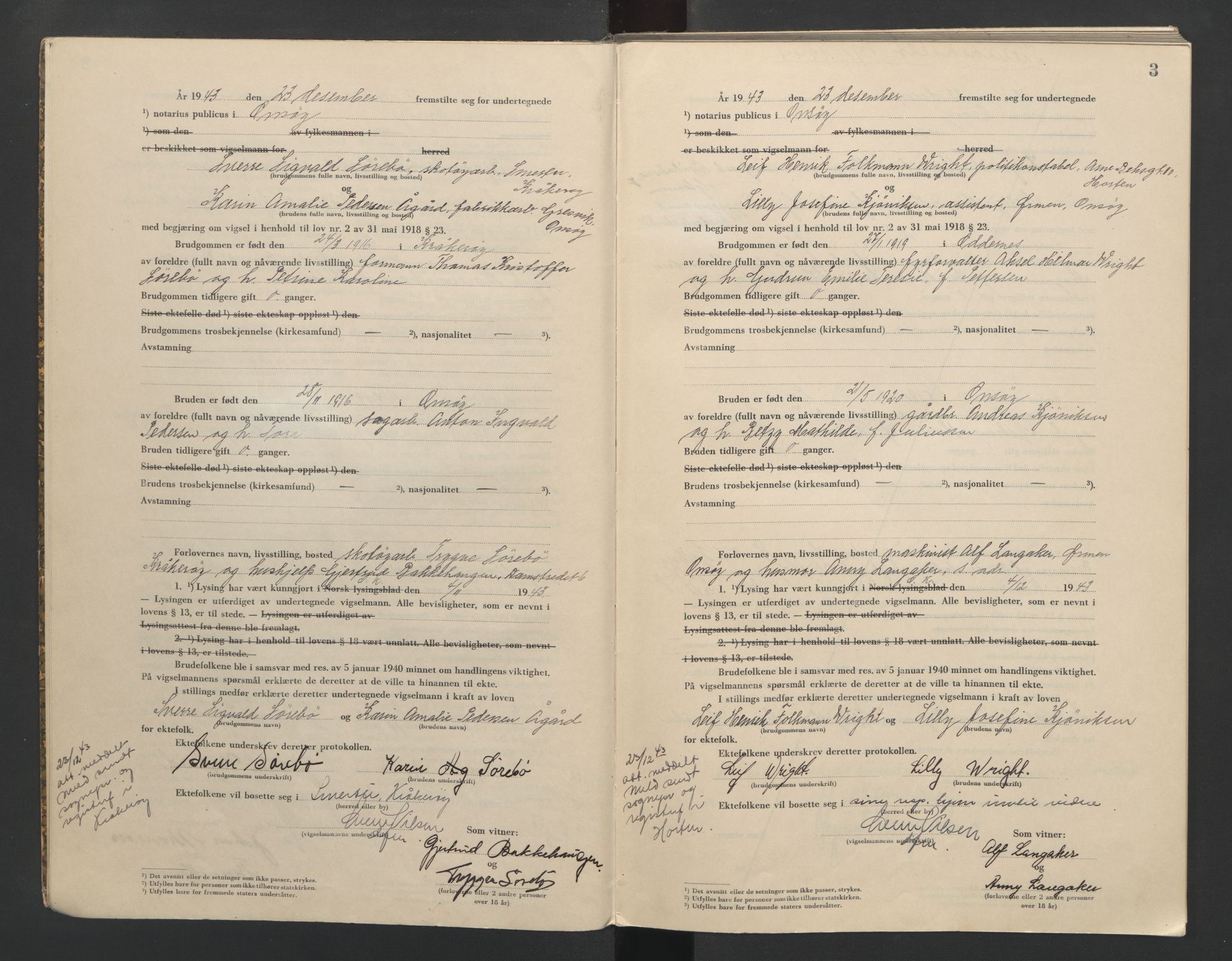 Onsøy sorenskriveri, AV/SAO-A-10474/L/La/L0004: Vigselsbok, 1943-1944, s. 3