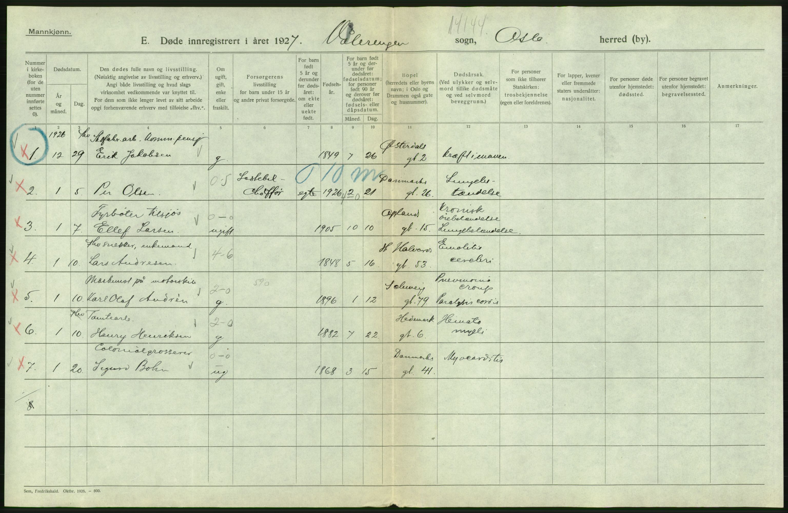 Statistisk sentralbyrå, Sosiodemografiske emner, Befolkning, AV/RA-S-2228/D/Df/Dfc/Dfcg/L0009: Oslo: Døde menn, 1927, s. 500